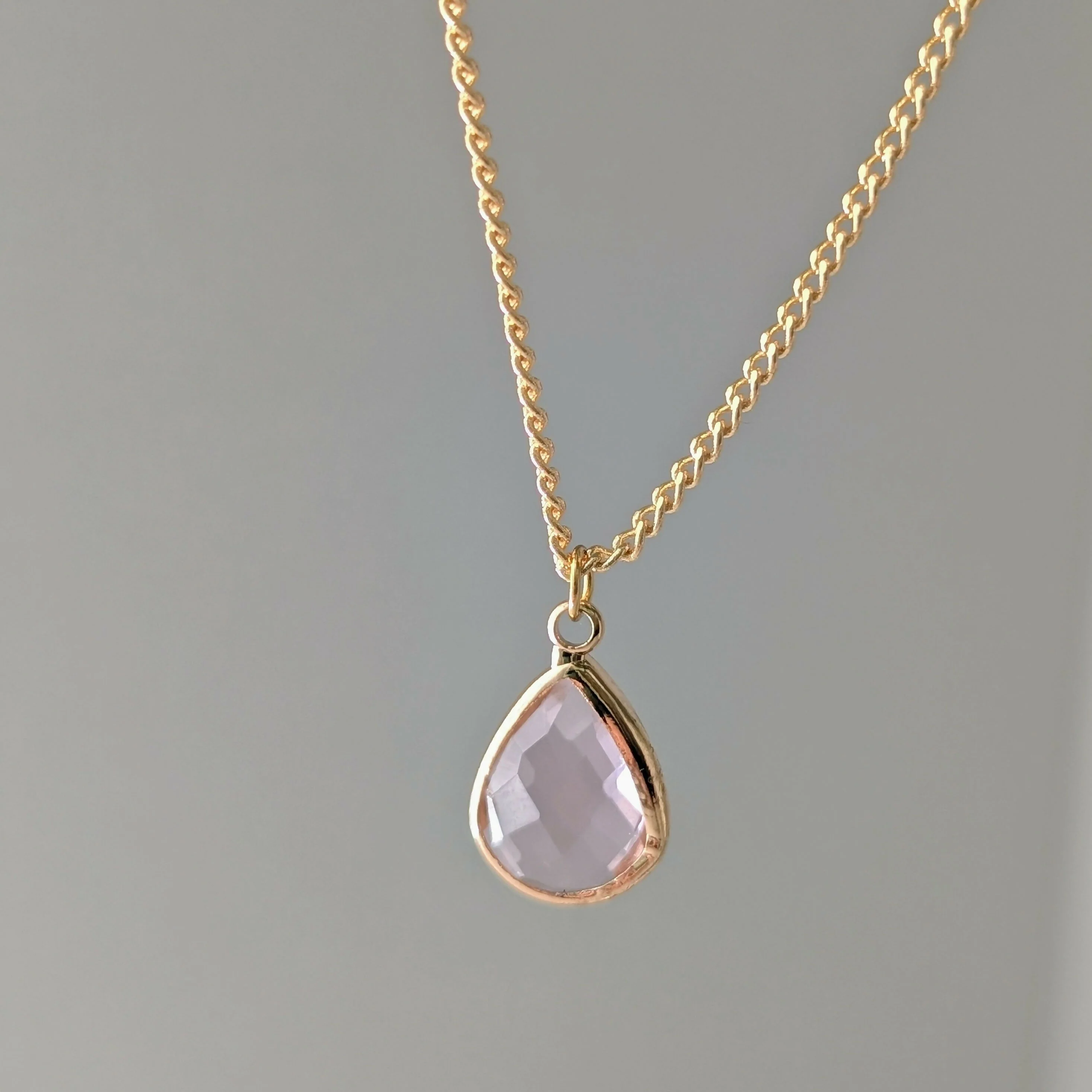 Light Powder Pink Faceted Crystal Teardop Charm Necklace on a Gold Plated Chain - Image 2