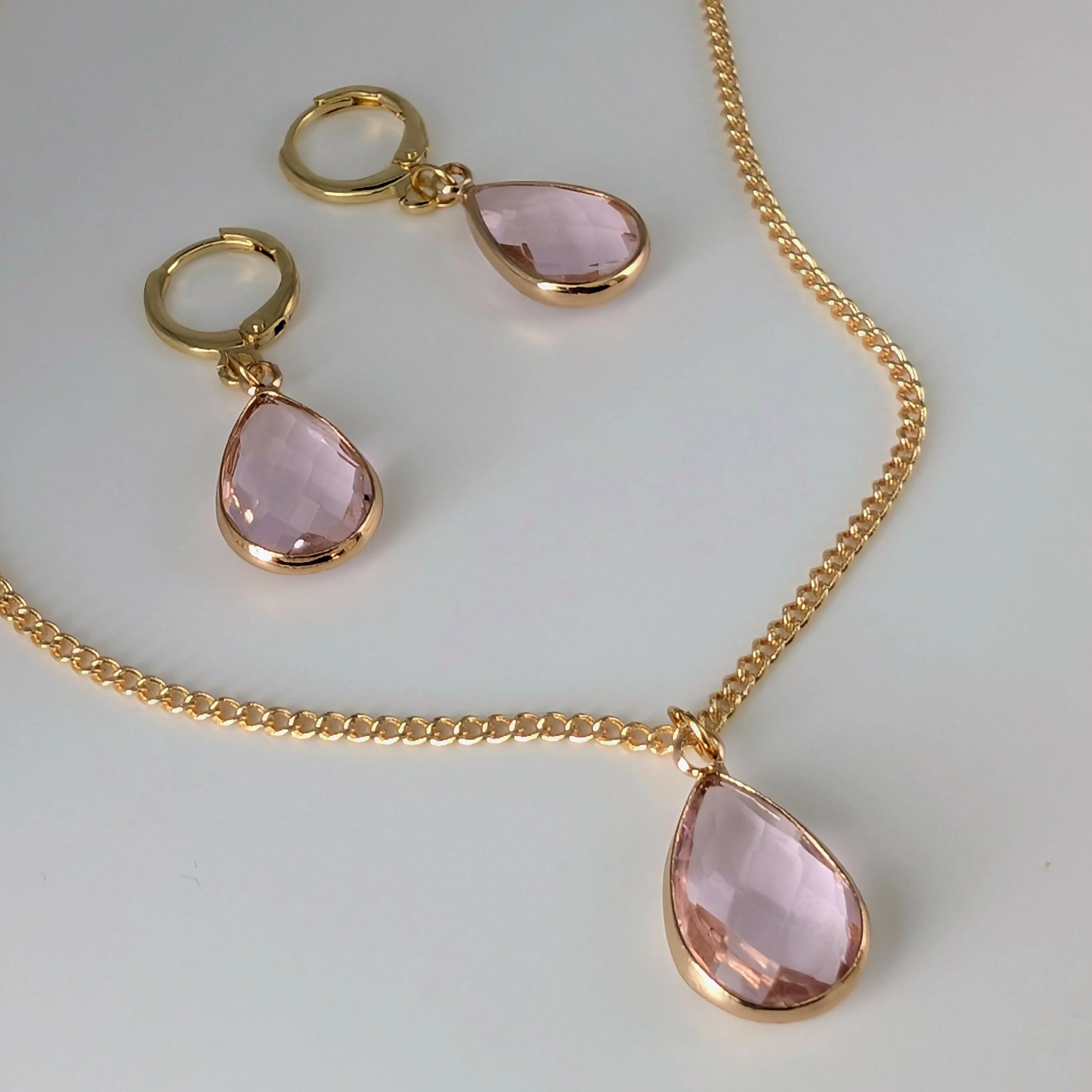 Light Powder Pink Faceted Crystal Teardop Charm Necklace on a Gold Plated Chain - Image 3
