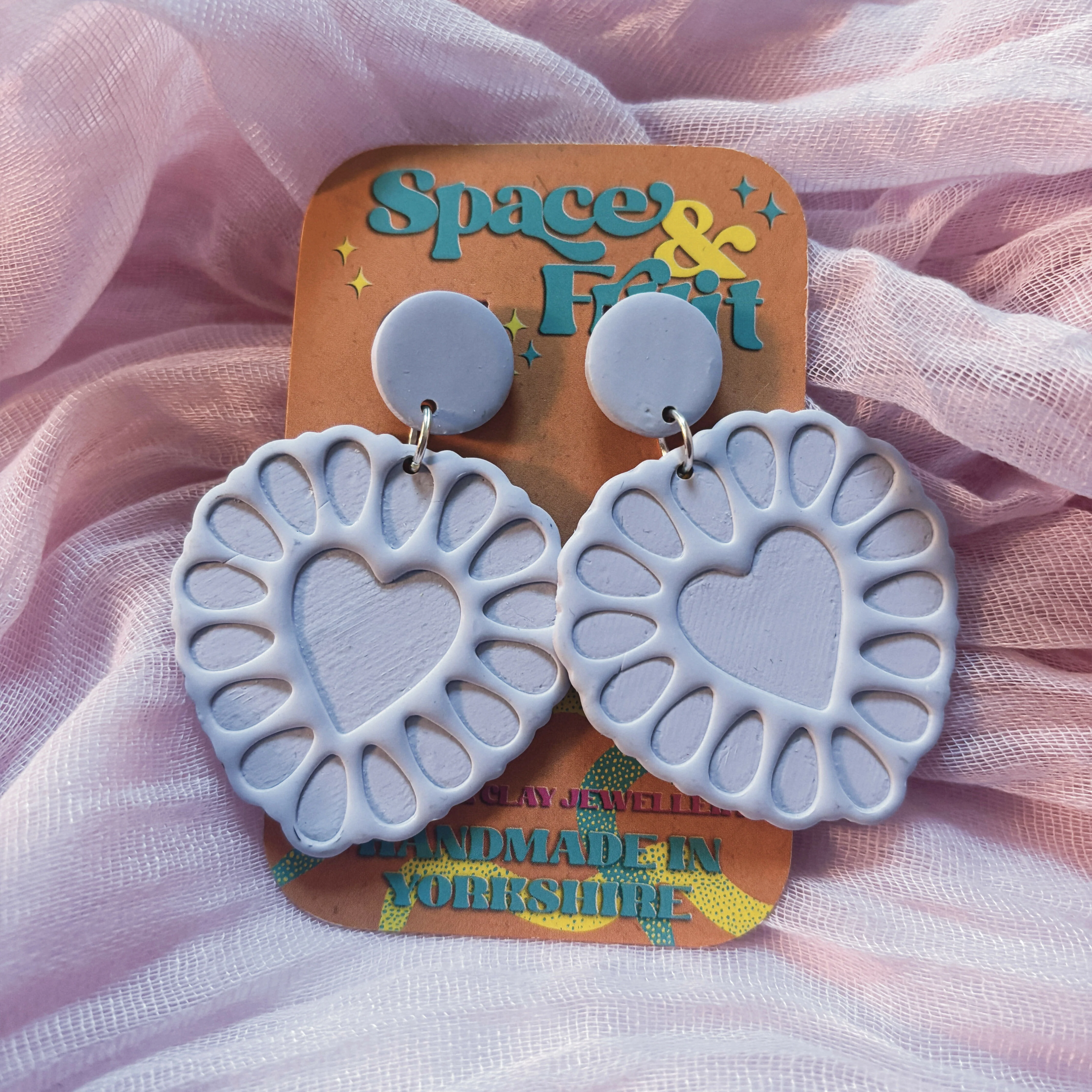 Lilac Scalloped Heart Polymer Clay Earrings
