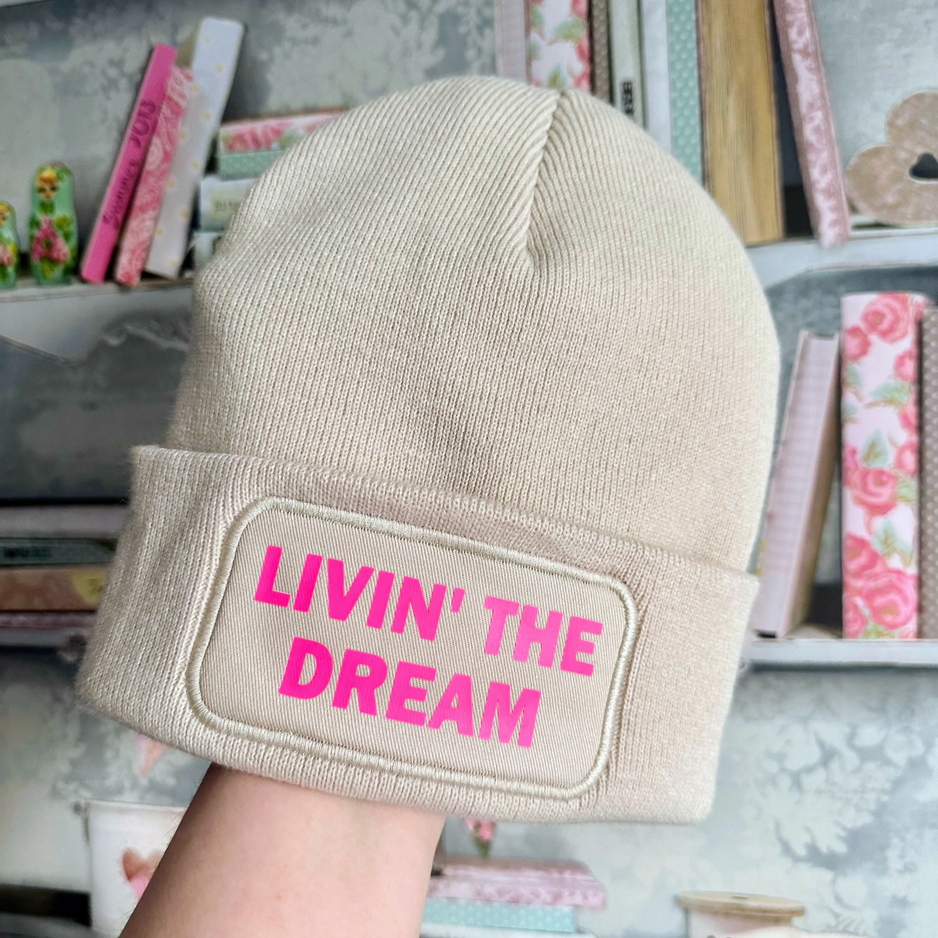 Livin The Dream Cuffed Rectangular Patch Beanie Hat - Image 5