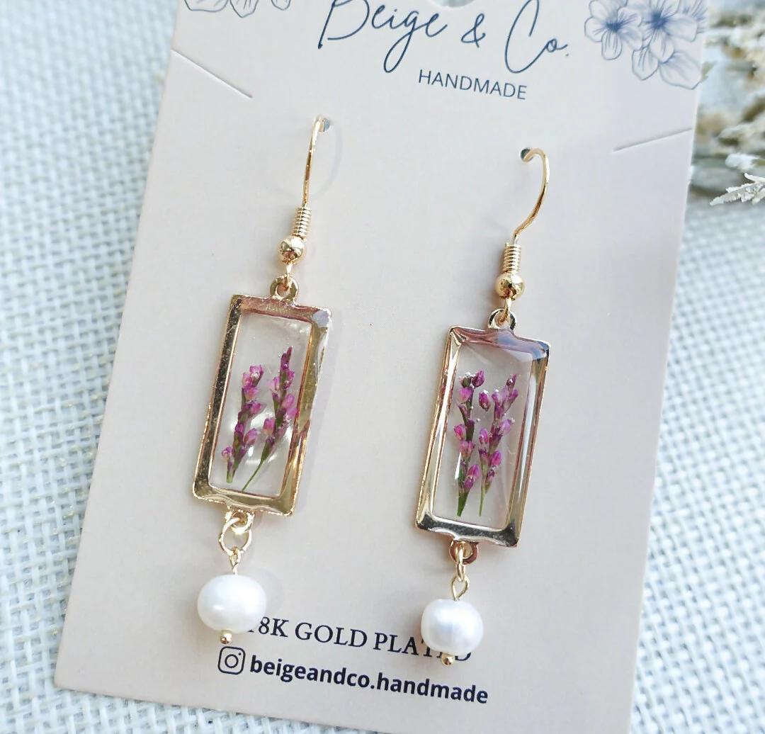 Long Poly Pearl Real Flower Earrings