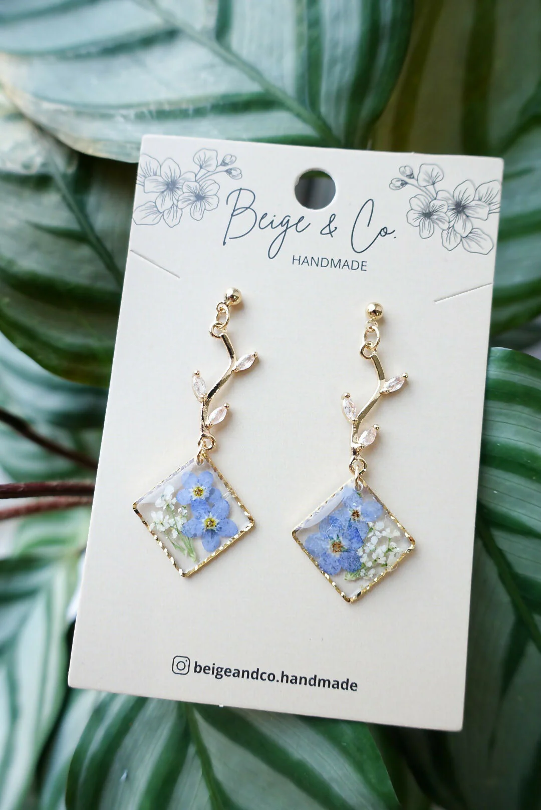 Real Flower Long Square Forget Me Not Earrings - Image 2