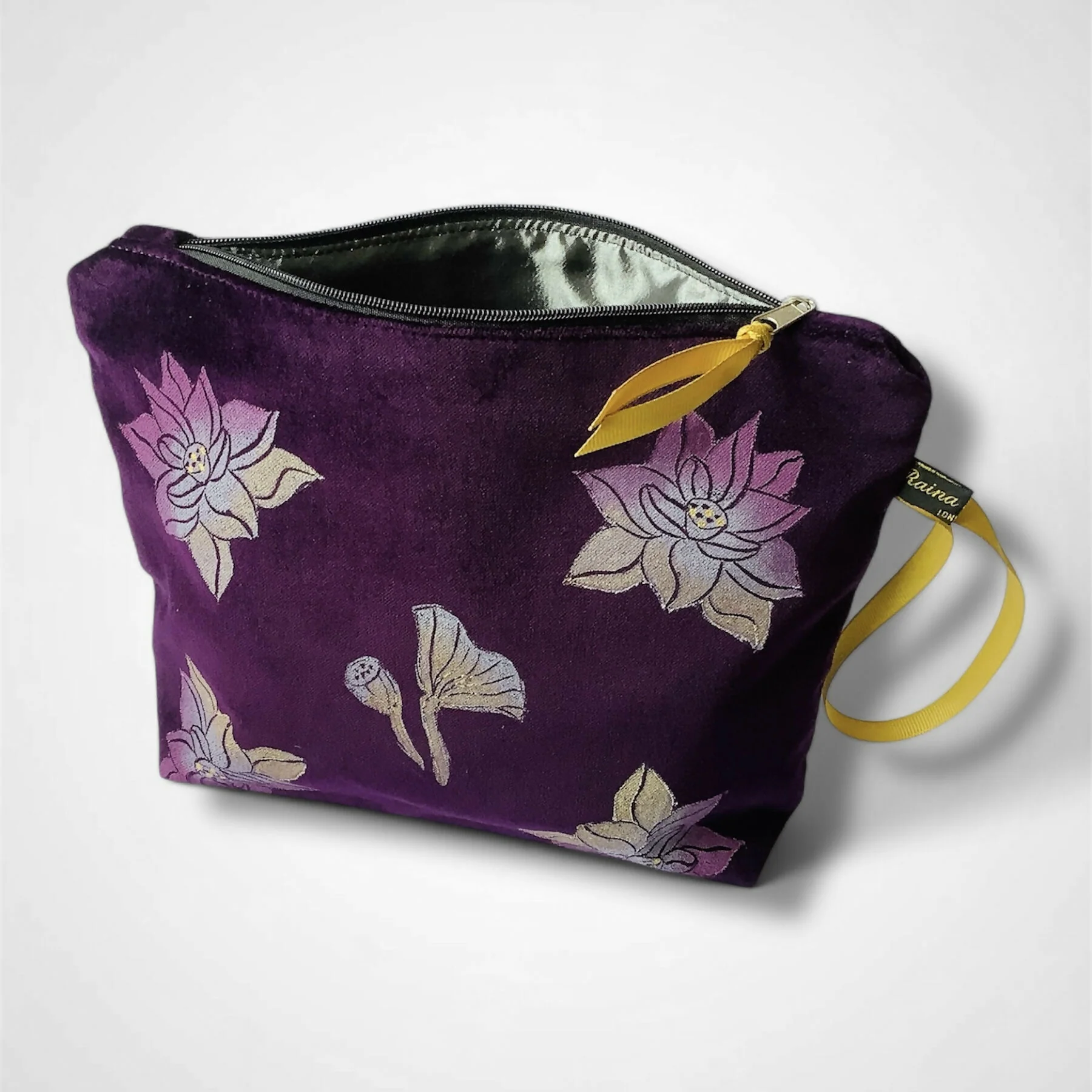 Lotus Flower Aubergine Velvet Makeup Bag - Image 4