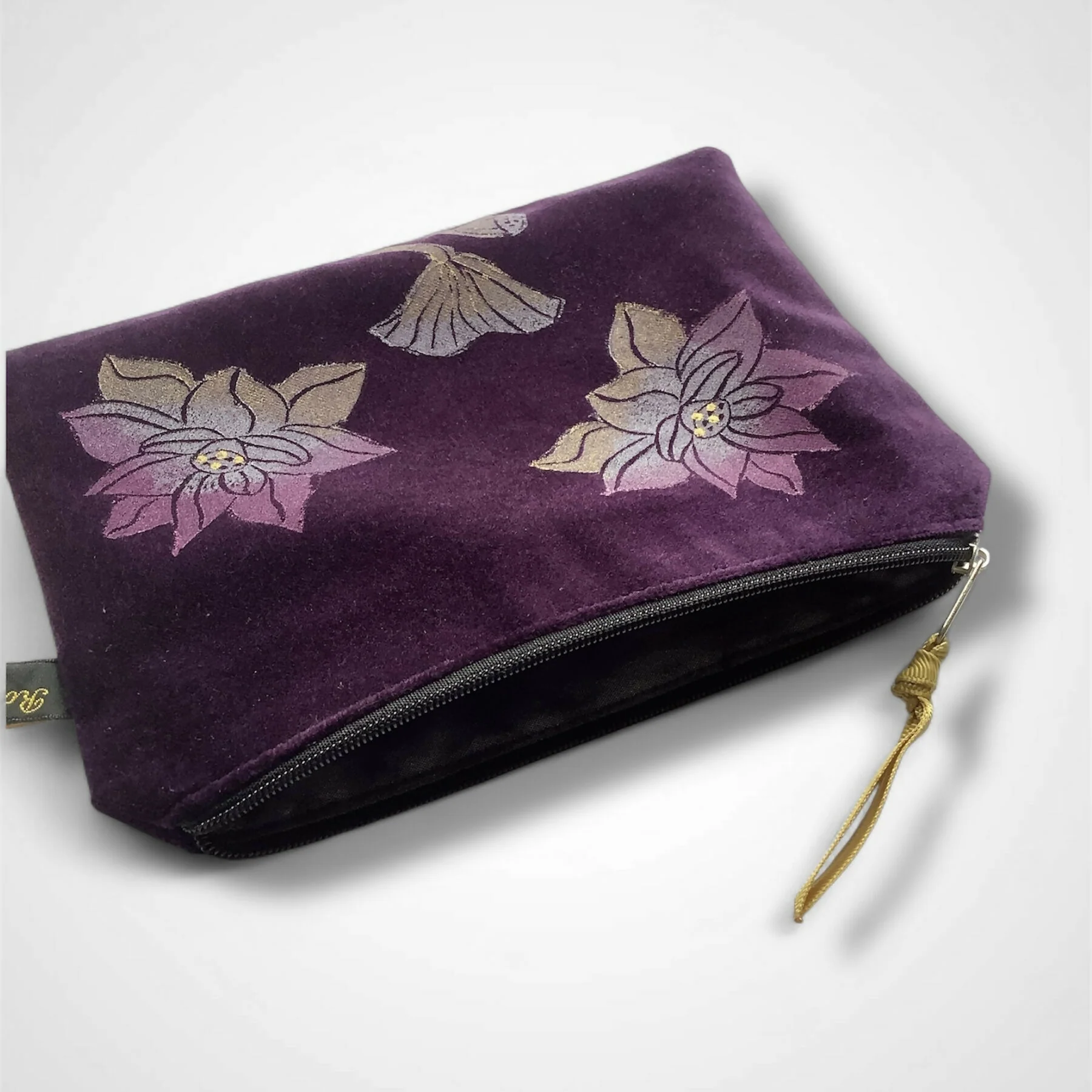 Lotus Flower Aubergine Velvet Zip-Up Pouch with Wrist Strap - Image 3