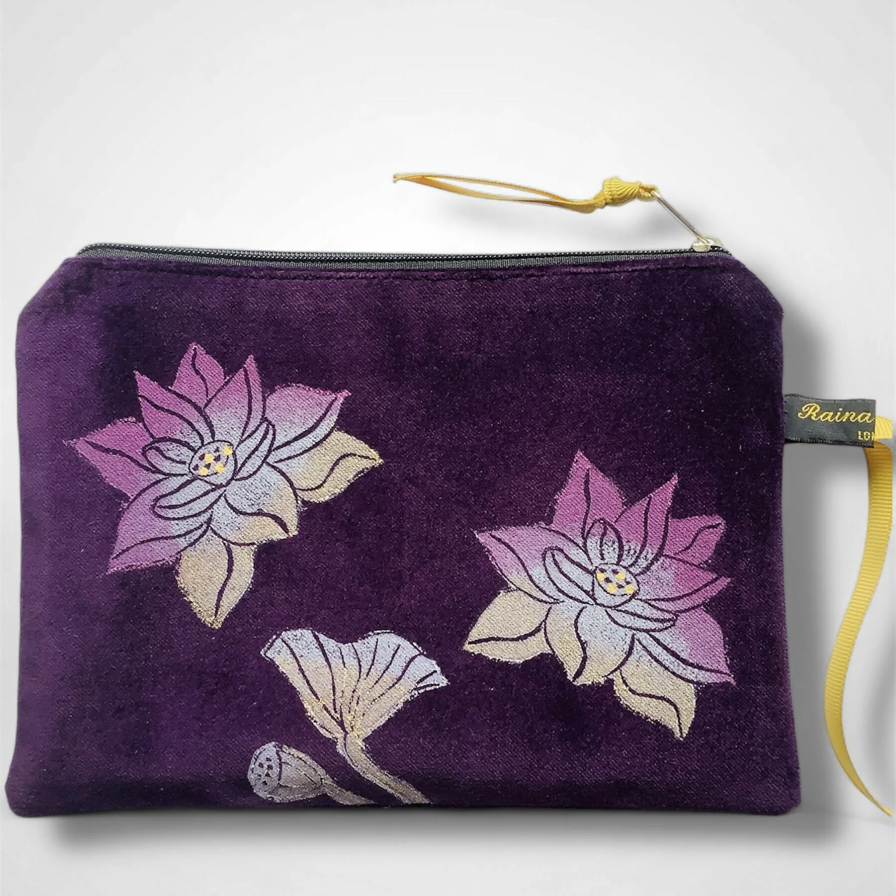Lotus Flower Aubergine Velvet Zip-Up Pouch with Wrist Strap - Image 4