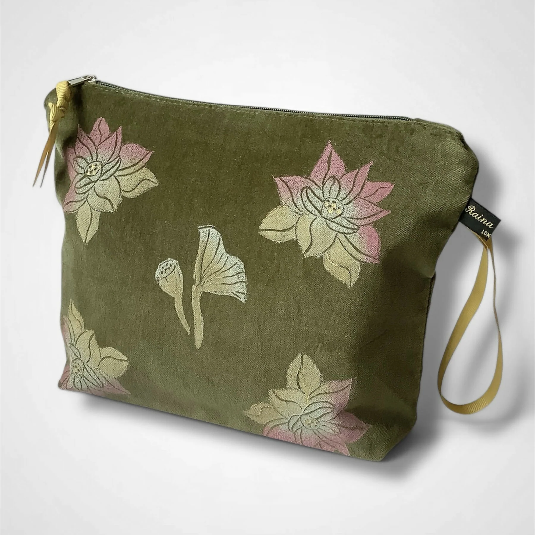Lotus Flower Olive Green Velvet Makeup Bag - Image 2