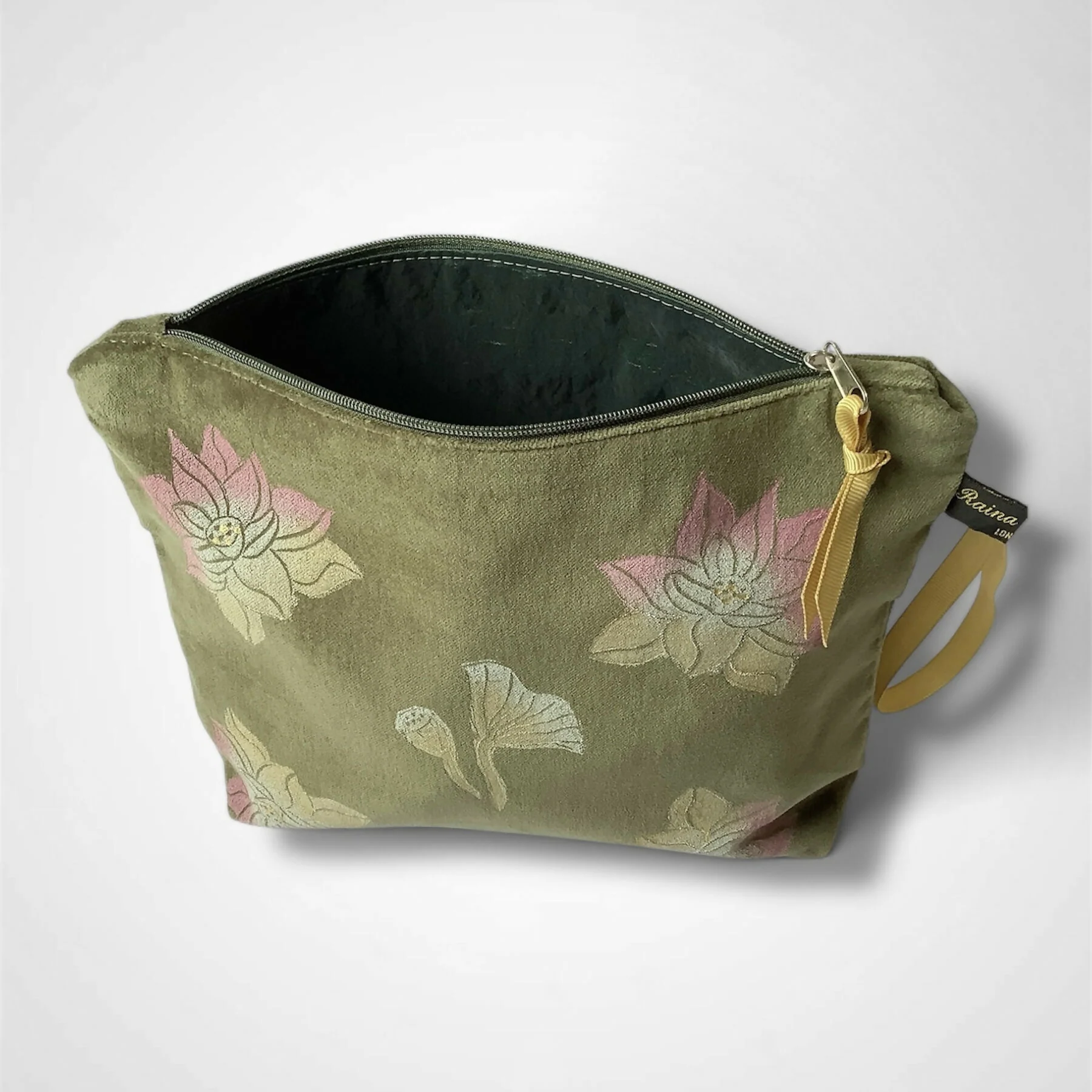 Lotus Flower Olive Green Velvet Makeup Bag - Image 4