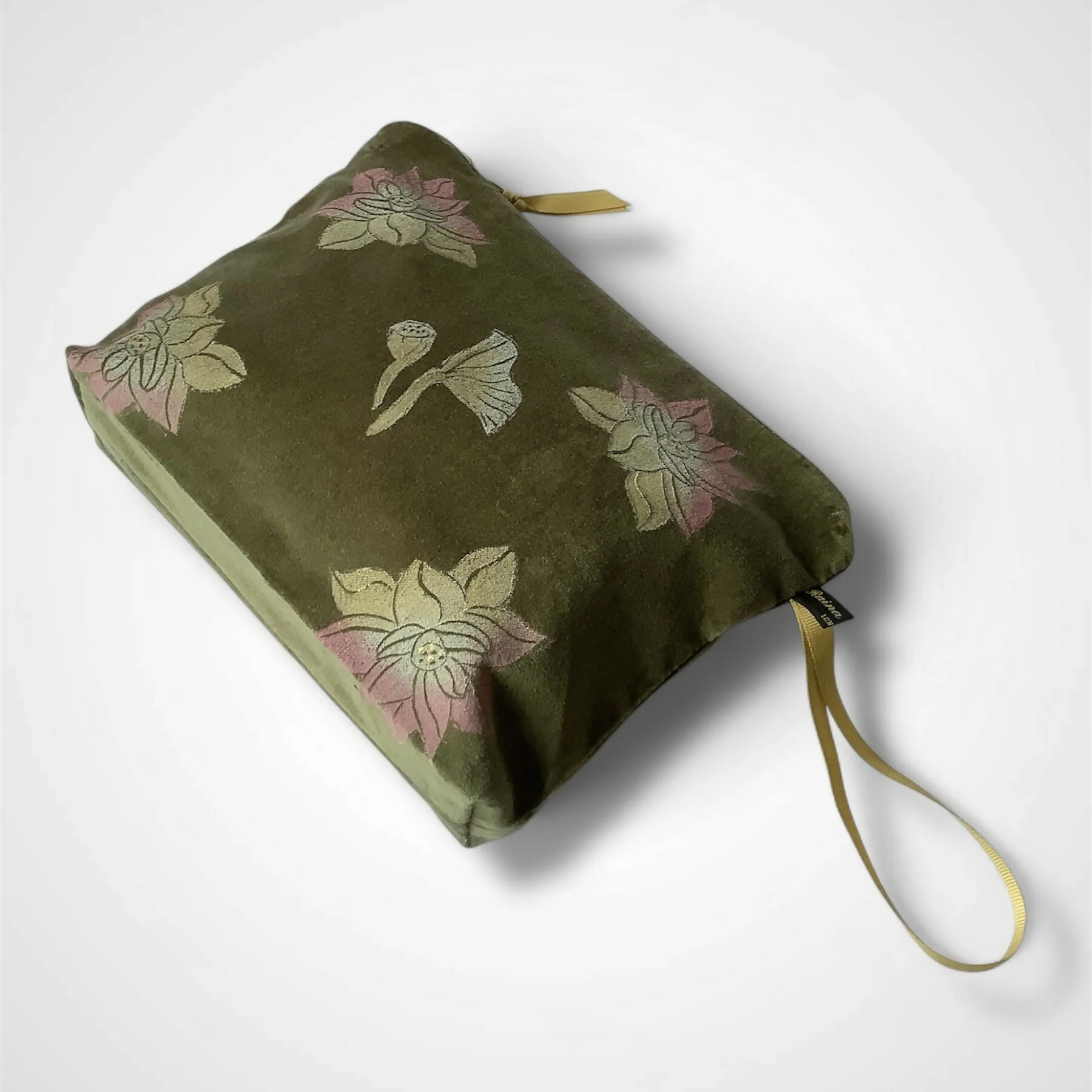 Lotus Flower Olive Green Velvet Makeup Bag - Image 5
