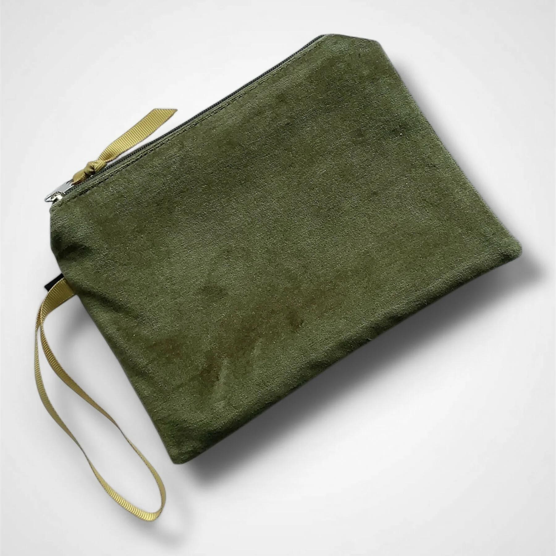 Lotus Flower Olive Green Velvet Zip-Up Pouch with Wrist Strap - Image 2