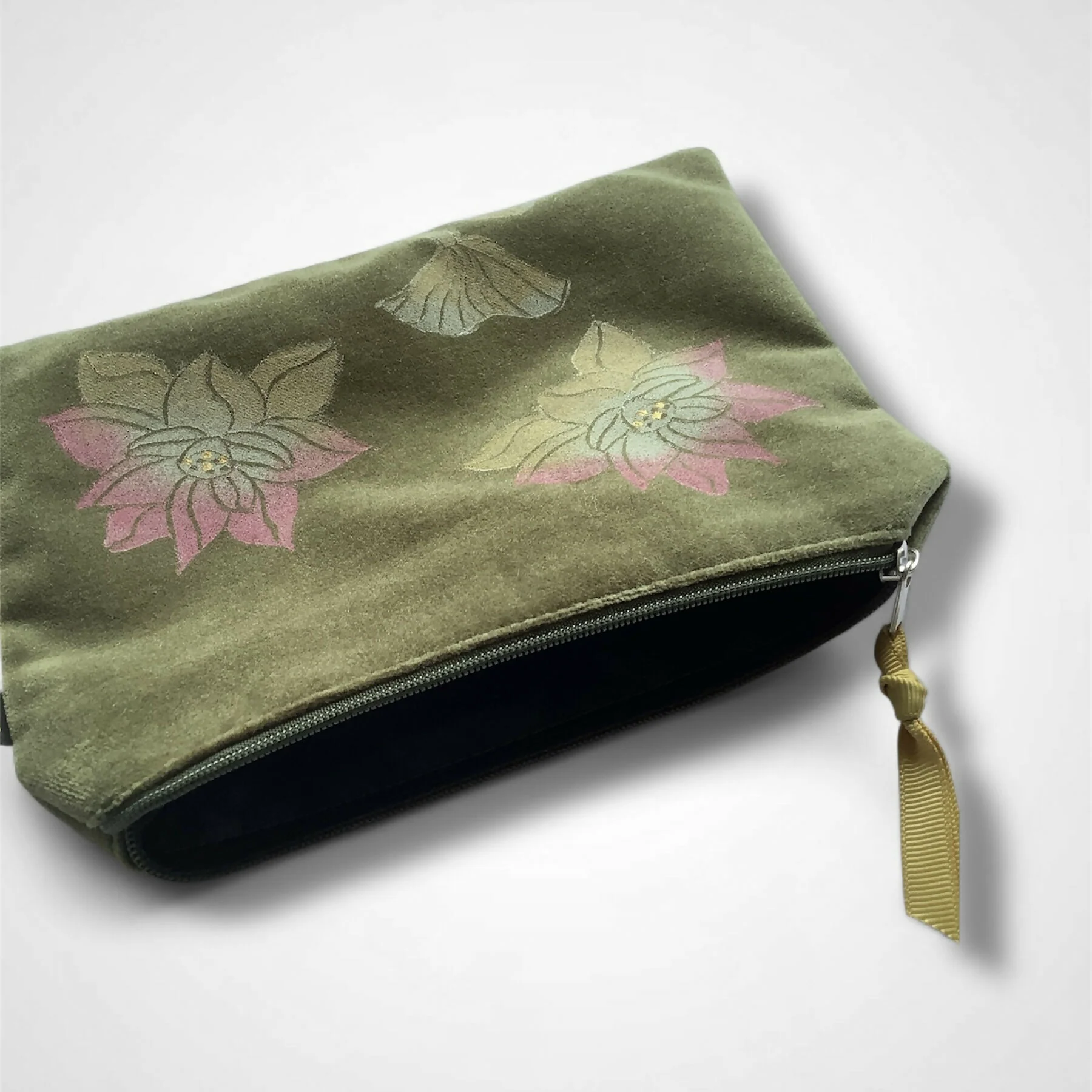 Lotus Flower Olive Green Velvet Zip-Up Pouch with Wrist Strap - Image 3