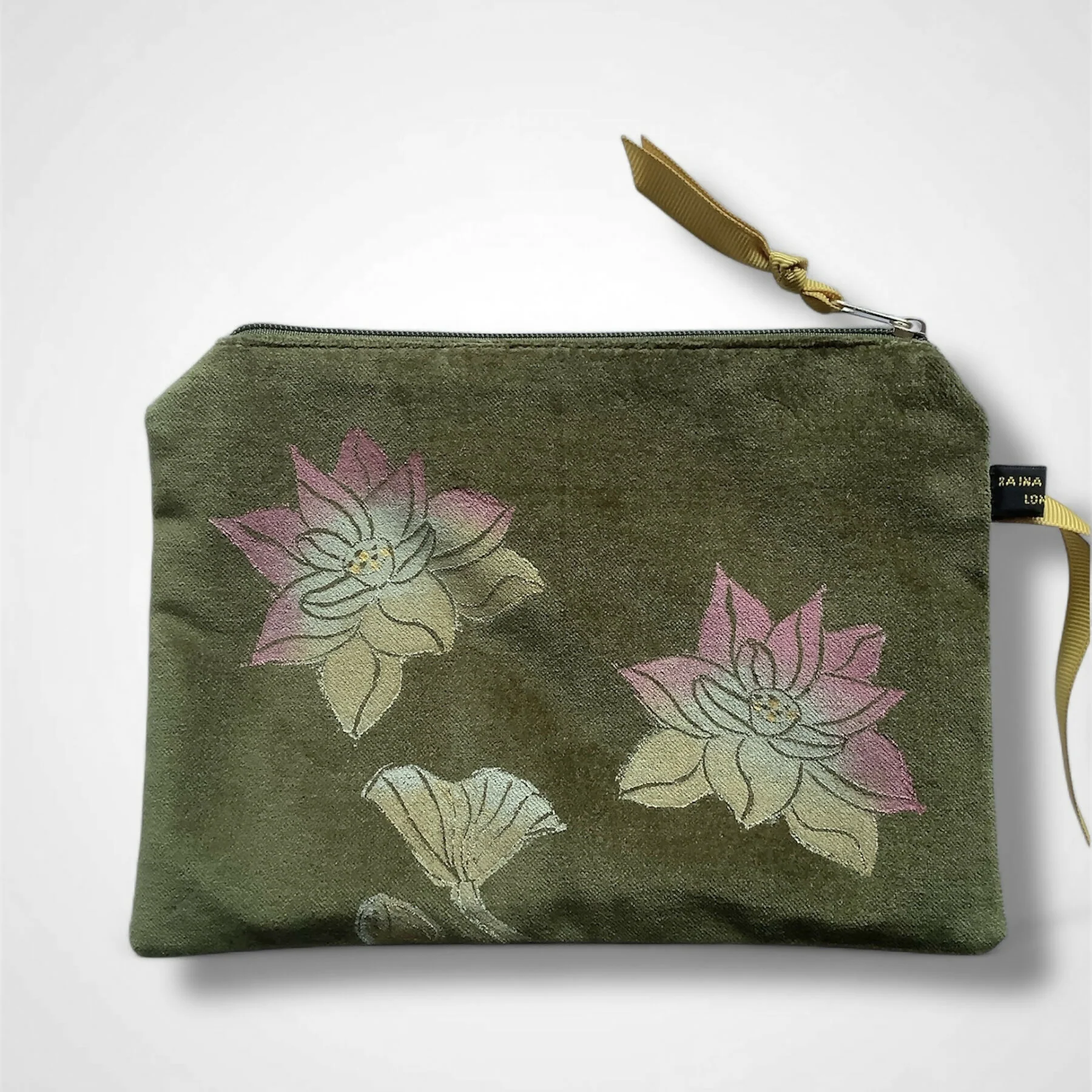 Lotus Flower Olive Green Velvet Zip-Up Pouch with Wrist Strap - Image 4