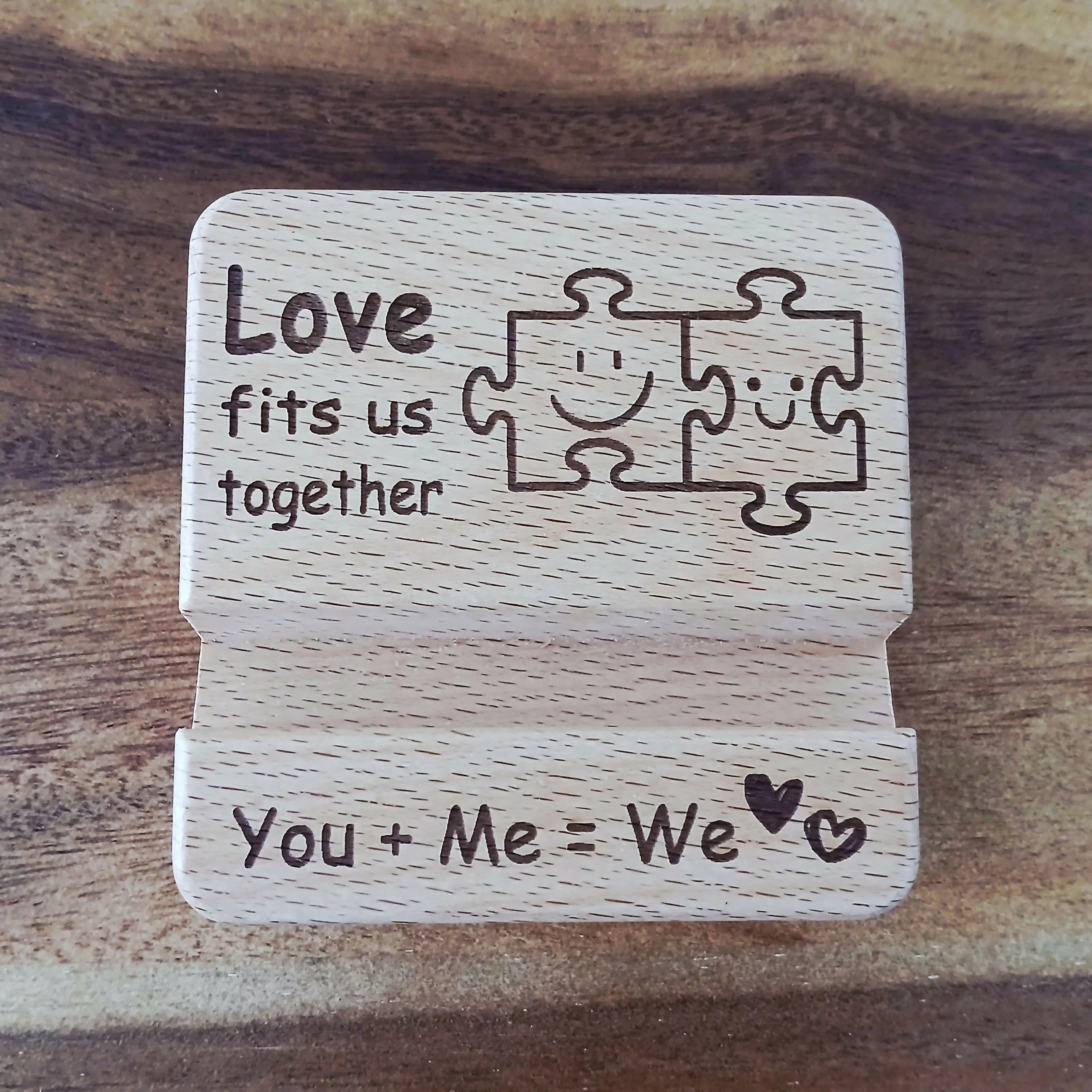Love Fits Us Together : YOU+ME=WE Wooden Mobile Phone Stand Holder