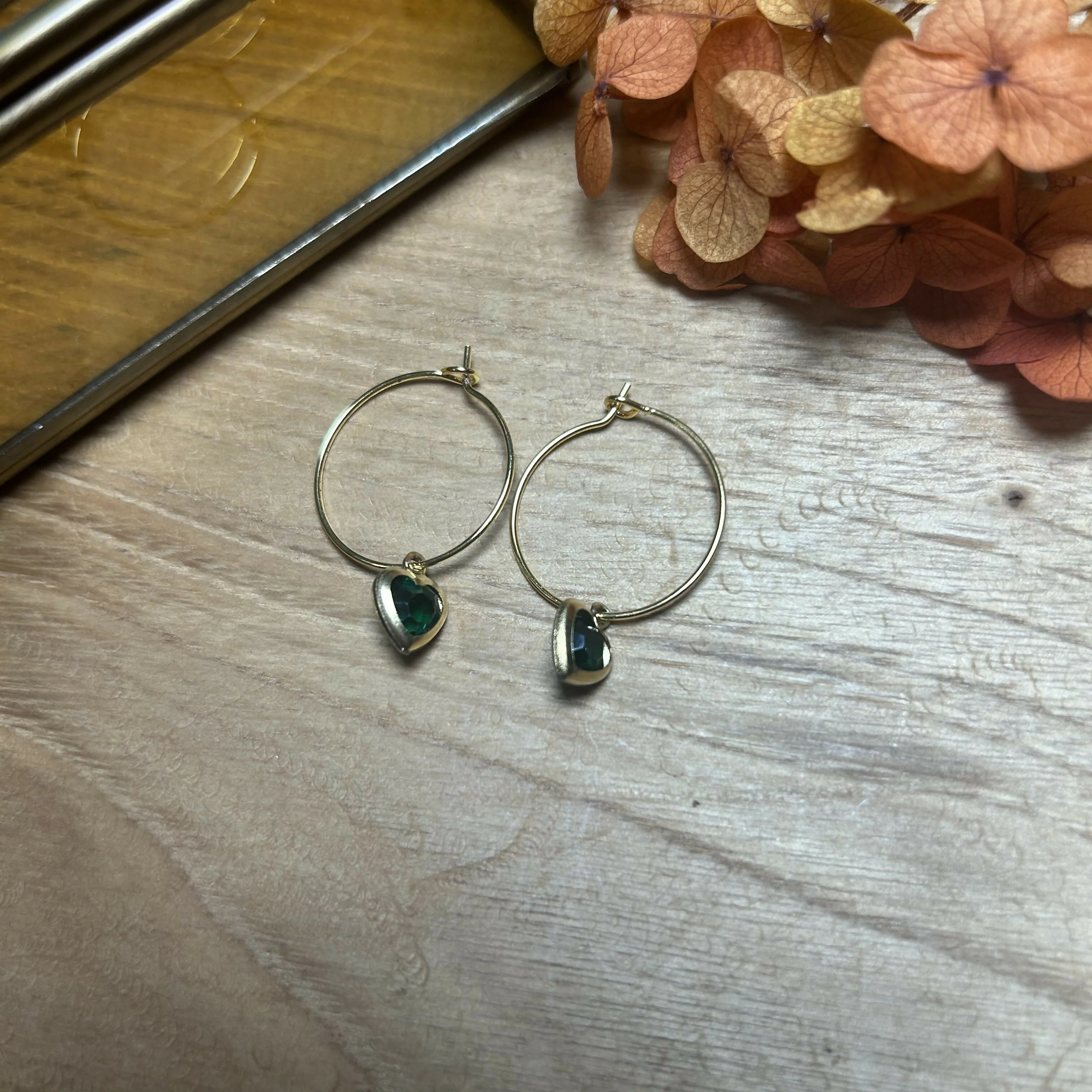 Lovely Gold Plated Green Heart Hoops