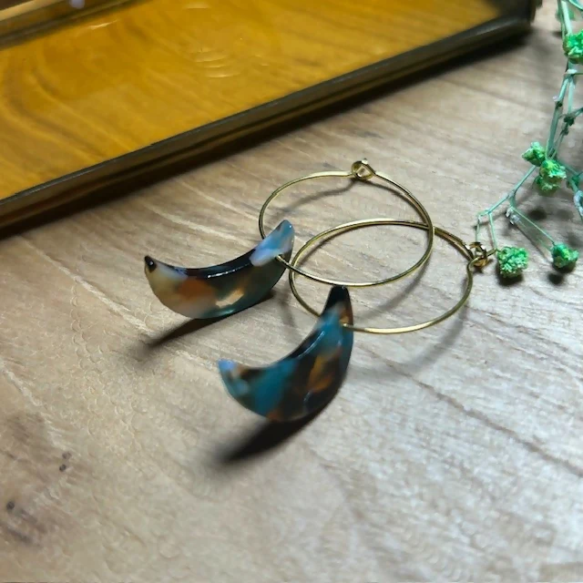 Lovely Gold Plated Hoops Featuring Multi Coloured Moon Charms - Image 2