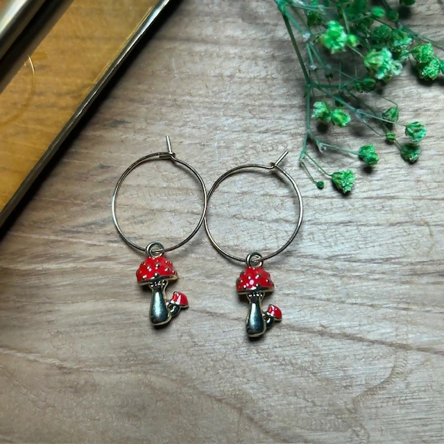 Lovely Gold Plated Hoops Featuring Mushroom Charms