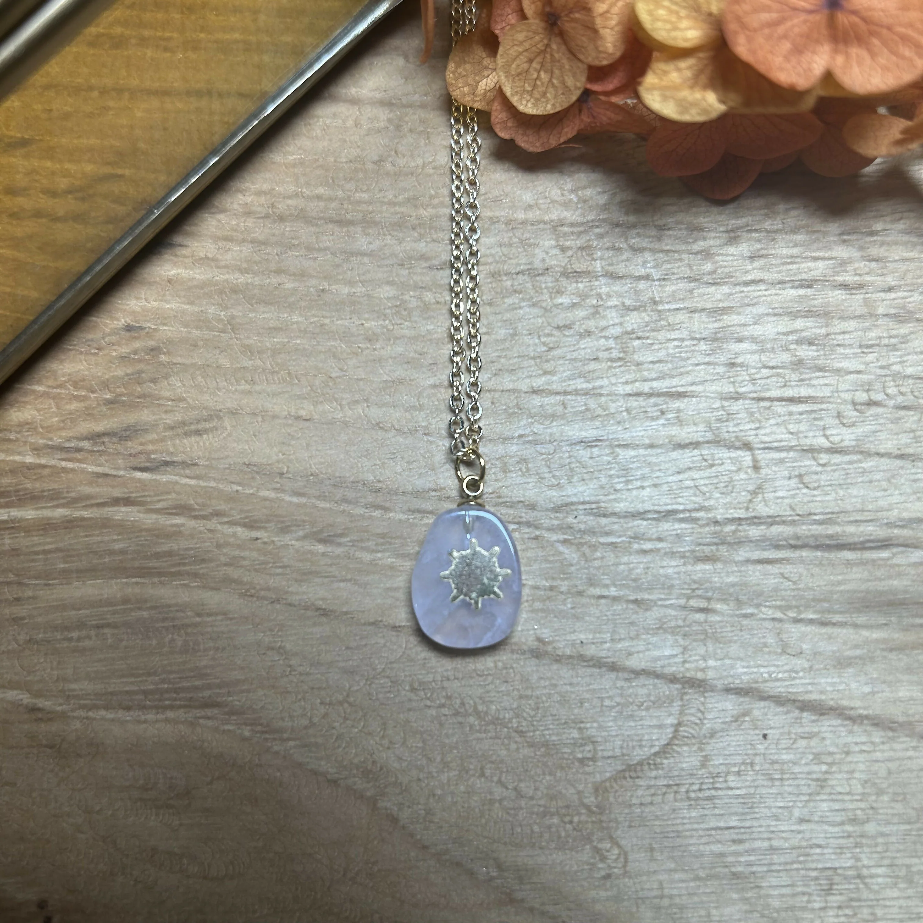 Lovely Gold Plated Rose Quartz & Sun Burst Pendant Necklace