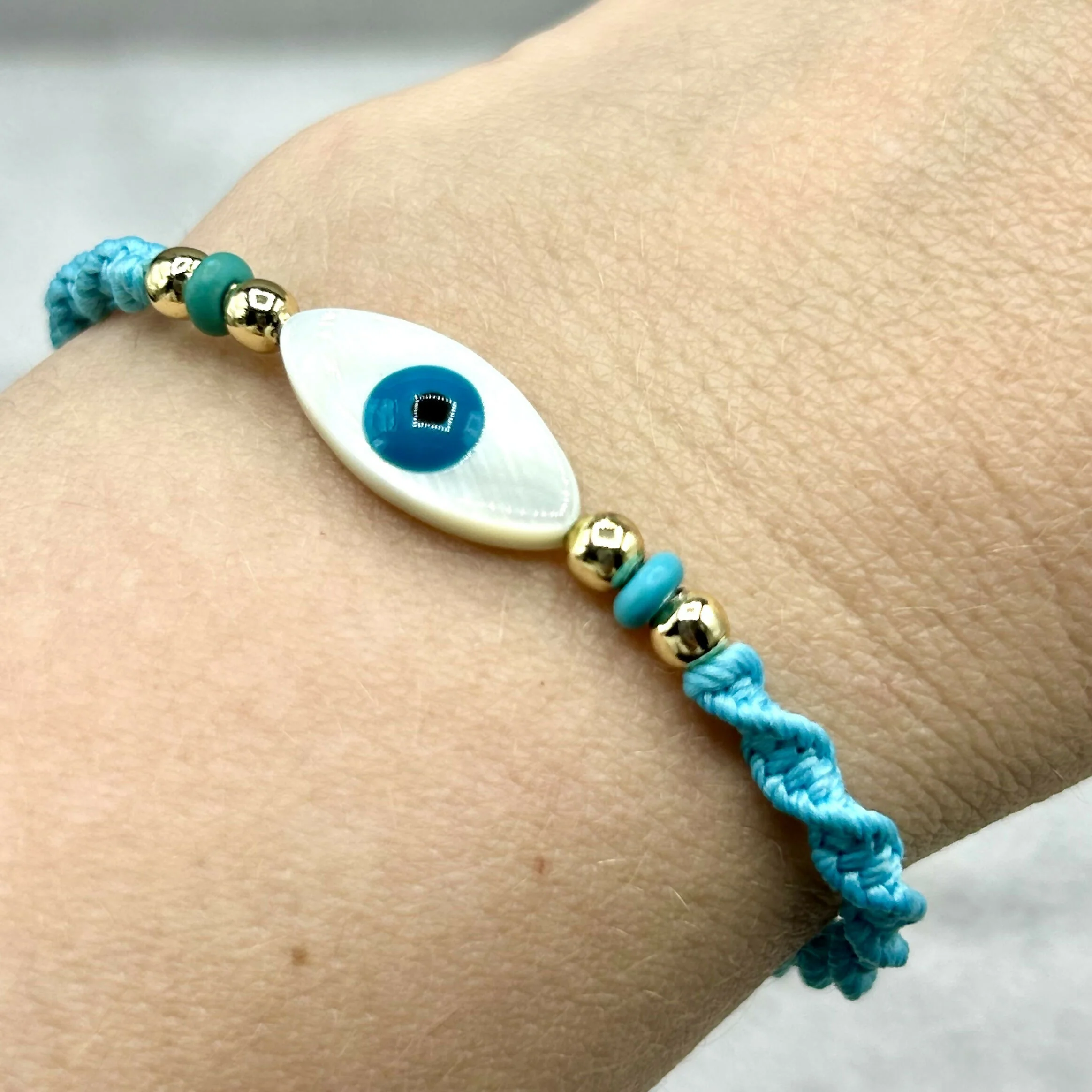 Macrame and Bead Adjustable Bracelet - Traditional Evil Eye Charms - Image 6