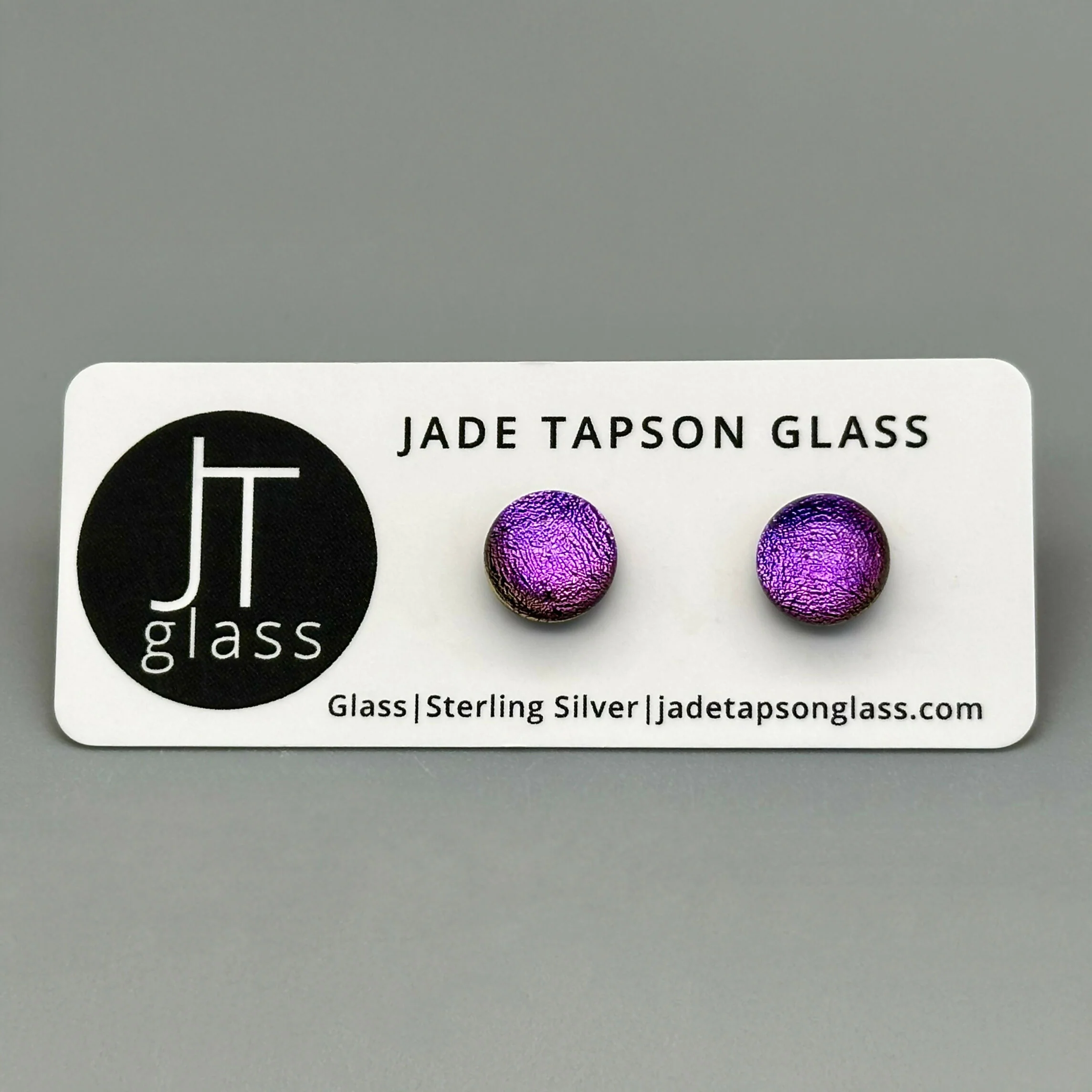 Magenta Dichroic Fused Glass Sterling Silver Stud Earrings - Handmade by Jade Tapson Glass.