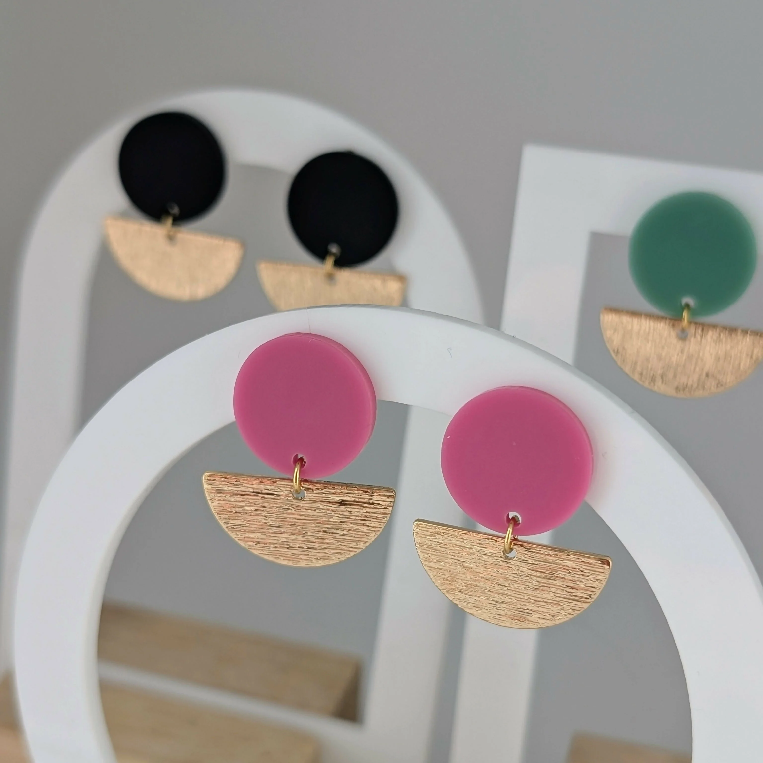 Magenta Geometric Earrings in Gold or Silver - Image 4