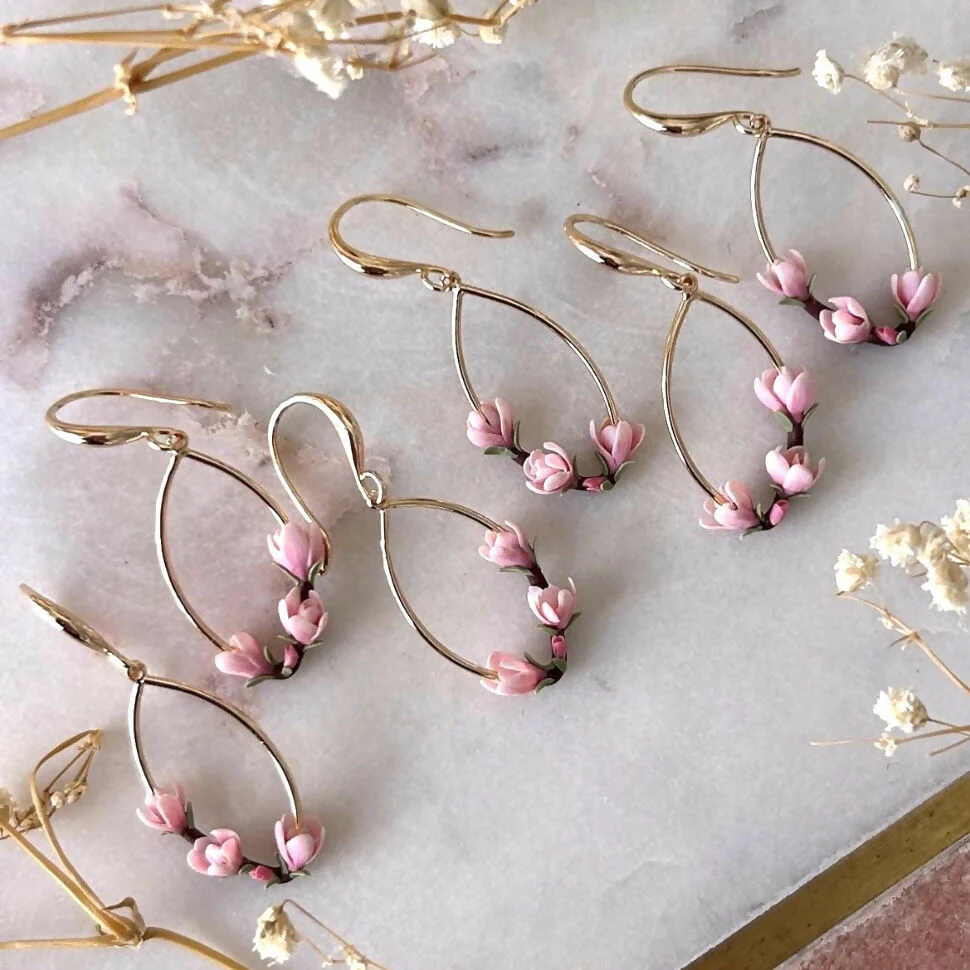 Magnolia Flower Pink Earrings - Image 2