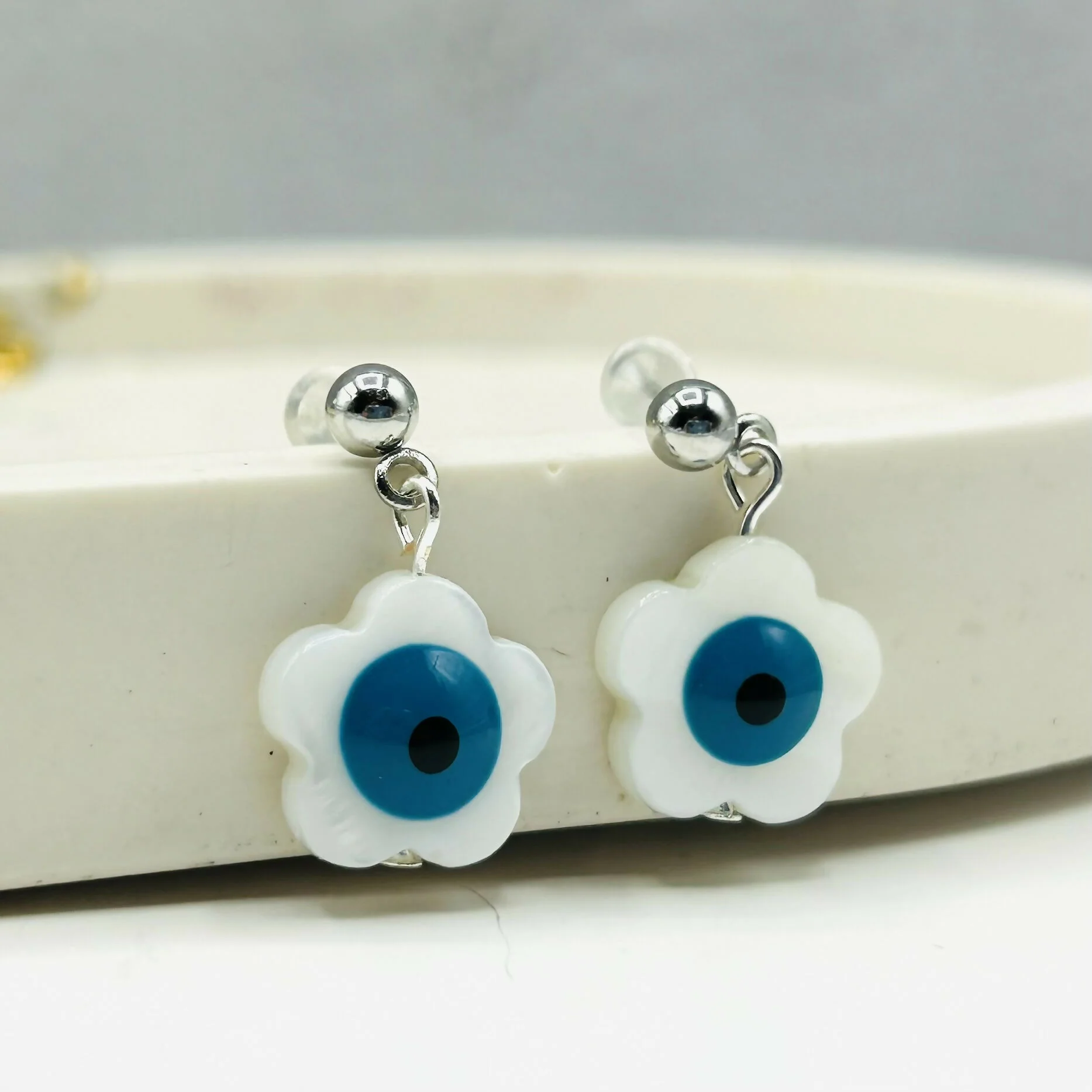 Mediterranean Mother of Pearl and Evil Eye Earrings - Image 8