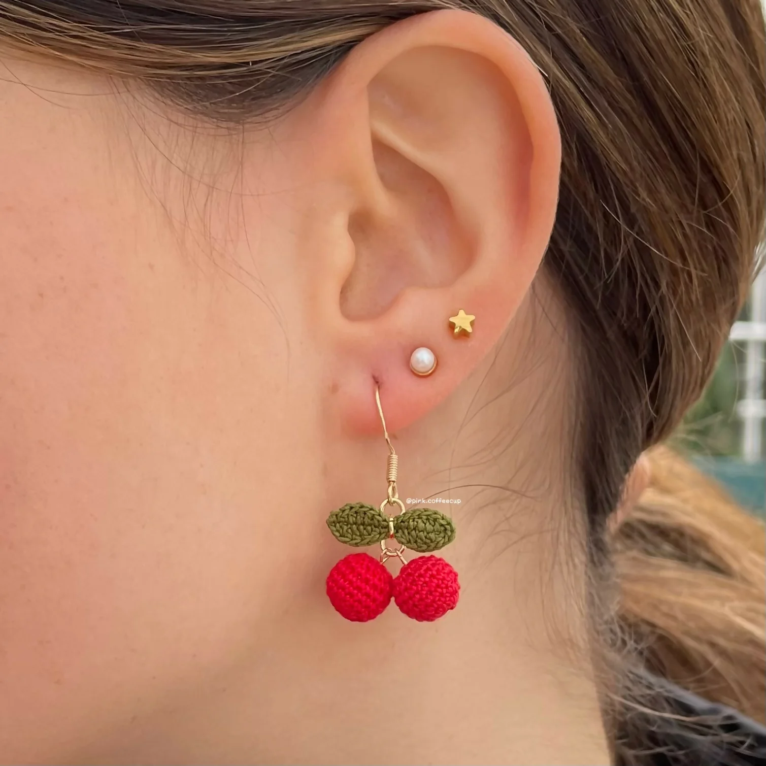 Micro Crochet Cherry Drop and Dangle Earrings - Image 2