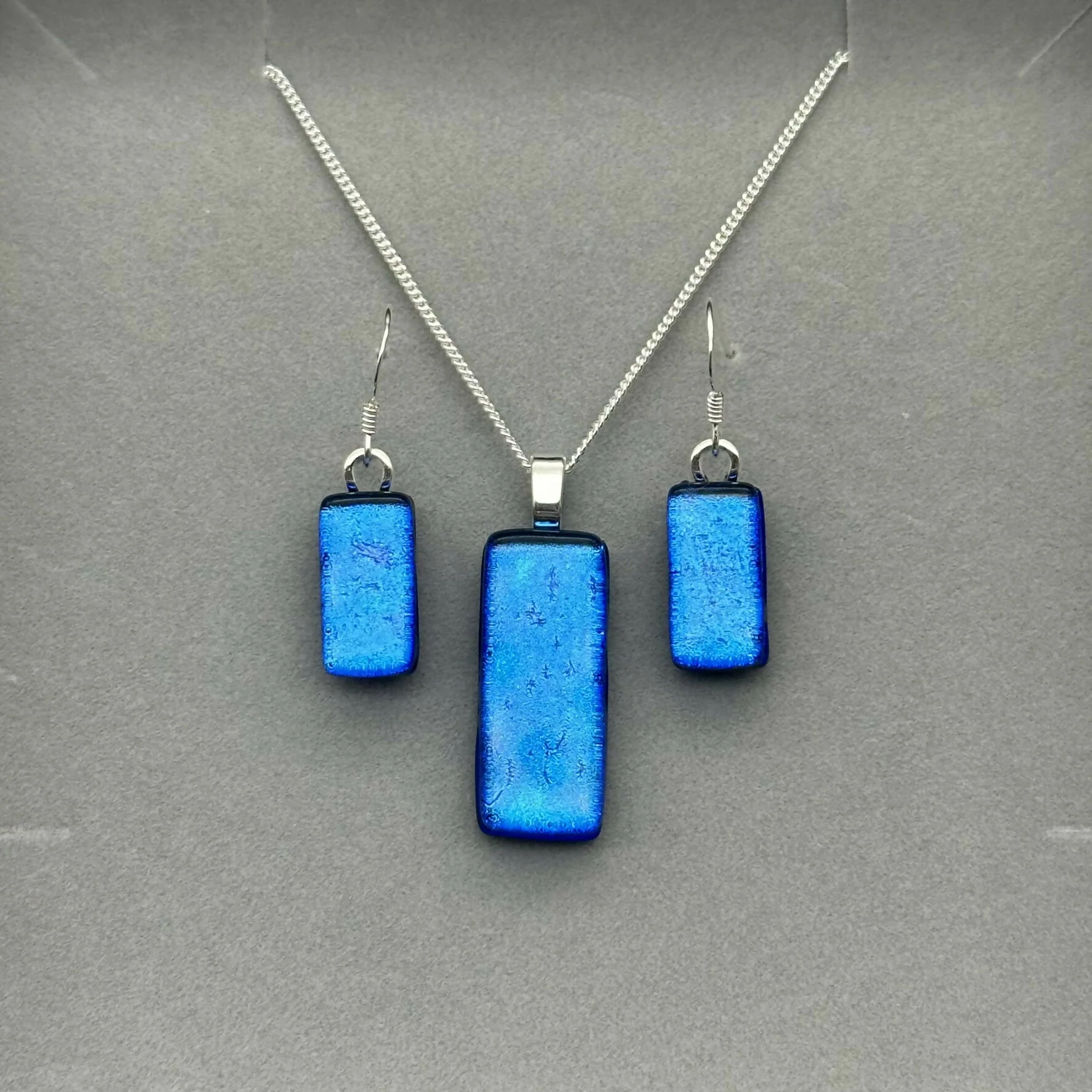 Mid Blue Dichroic Glass Necklace and Earrings Set - Sterling Silver, Handmade by Jade Tapson Glass. - Image 3