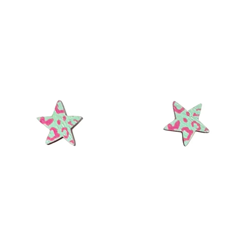 Midi Mint Green And Pink Leopard Print Star Stud Earrings - Image 2