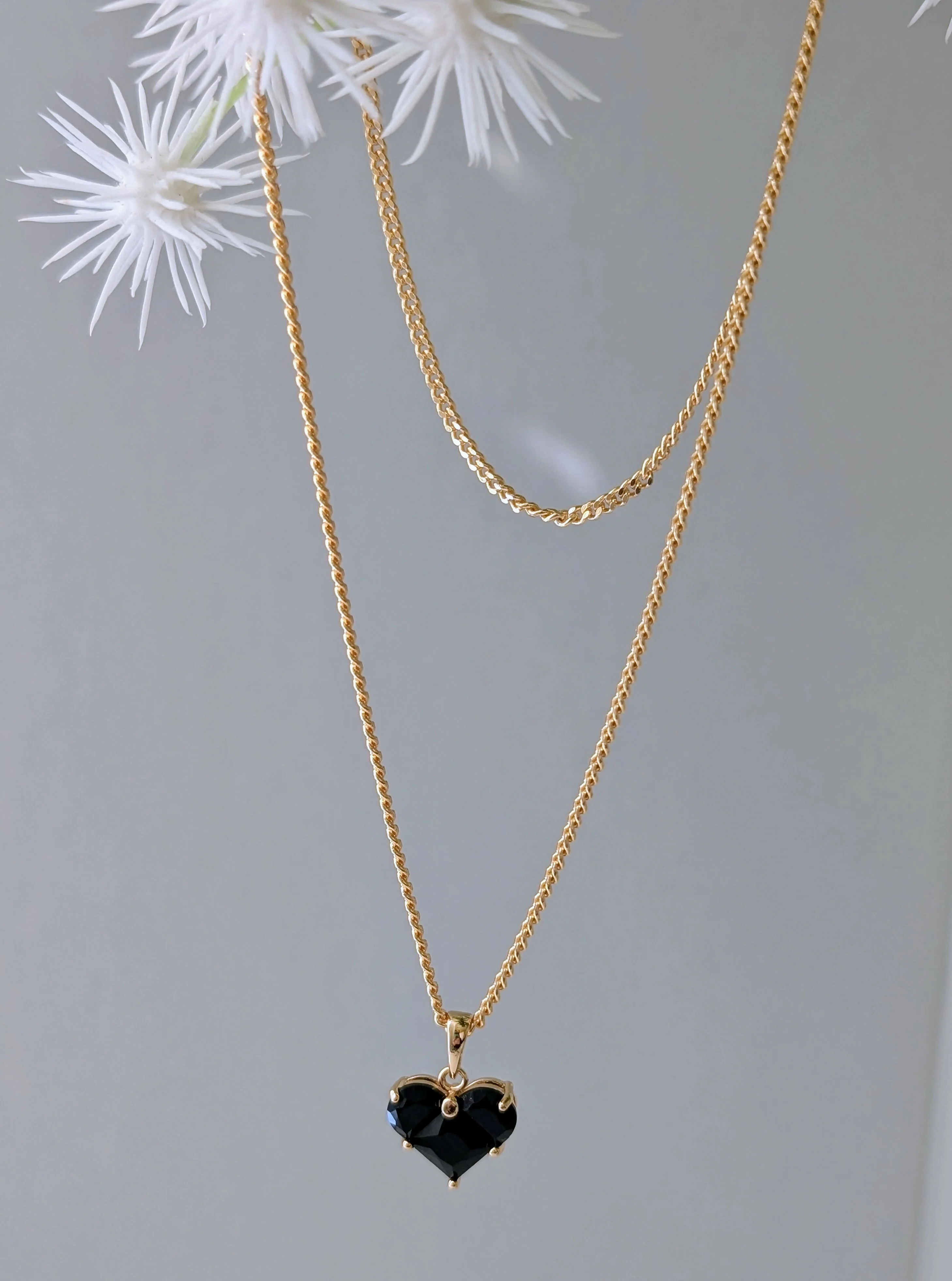 Midnight Black Zirconia Heart Charm Necklace on a Gold Plated Chain - Image 2