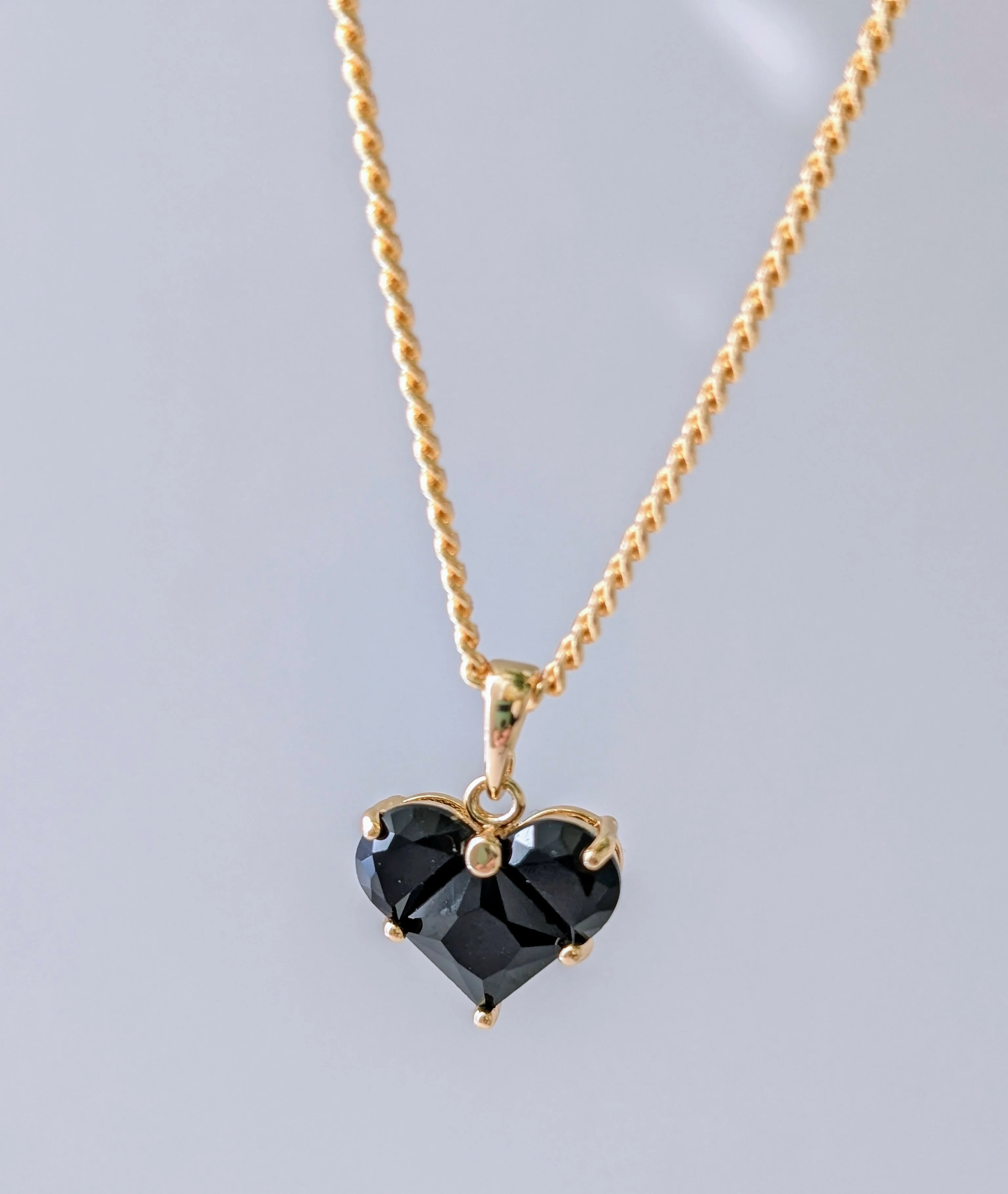 Midnight Black Zirconia Heart Charm Necklace on a Gold Plated Chain - Image 3