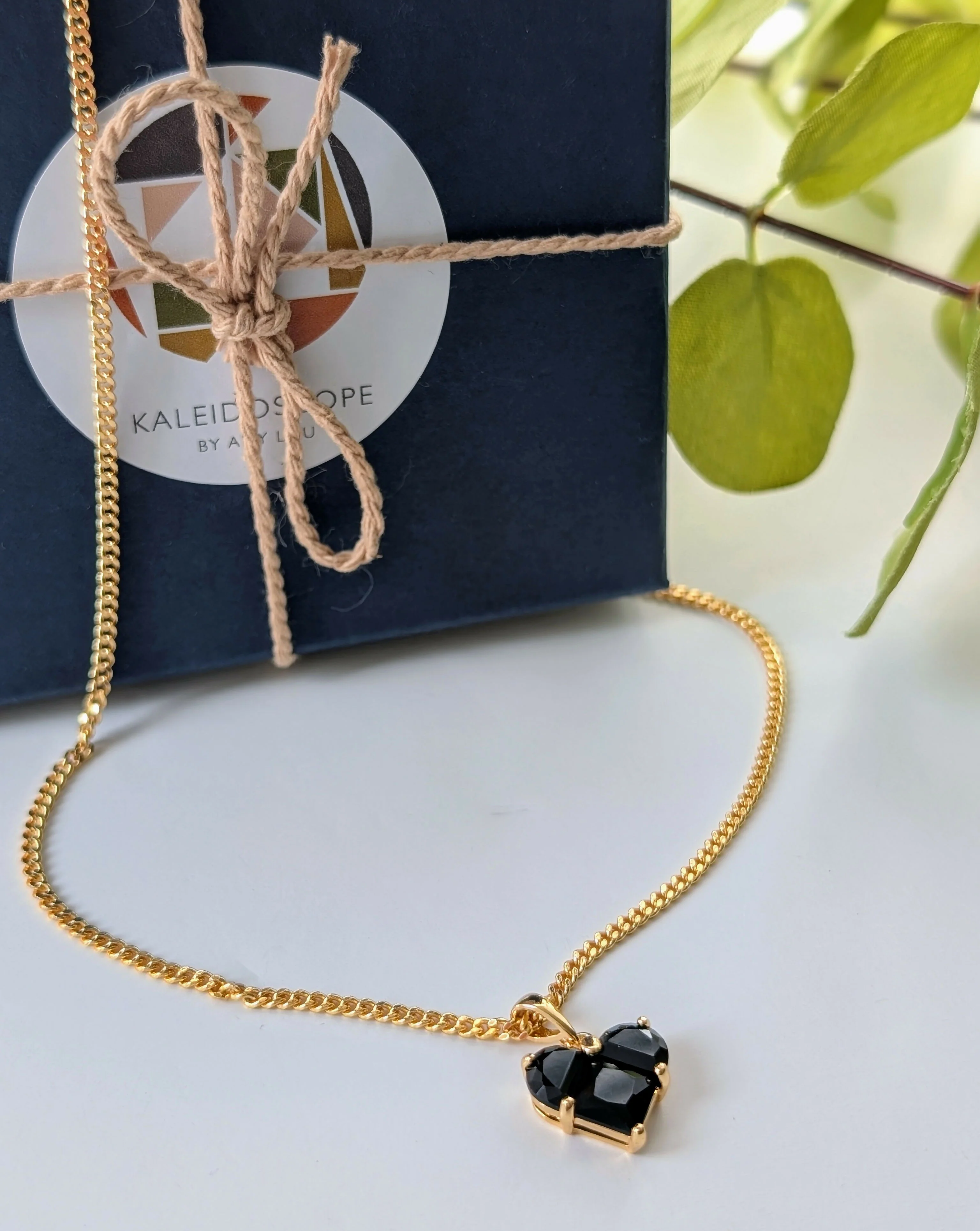 Midnight Black Zirconia Heart Charm Necklace on a Gold Plated Chain - Image 4