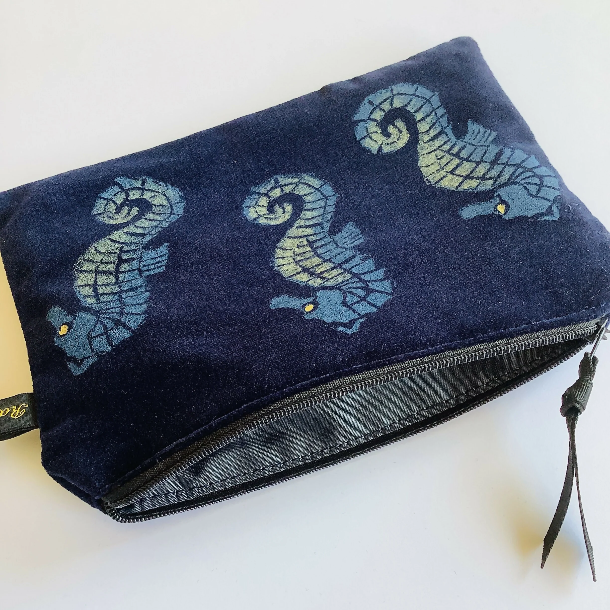 Midnight Blue Seahorses Velvet Zip-Up Pouch With Wrist Strap - Image 2