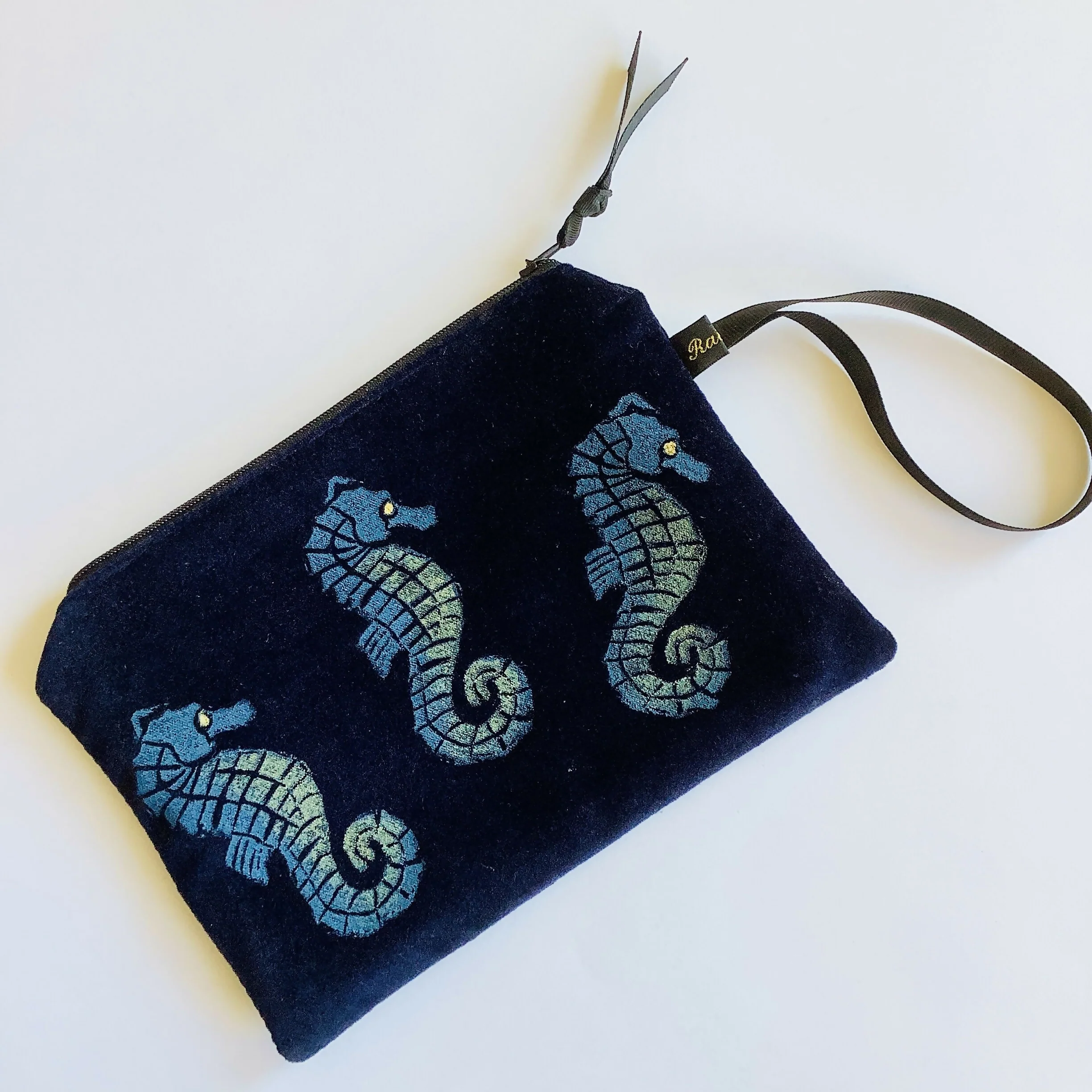 Midnight Blue Seahorses Velvet Zip-Up Pouch With Wrist Strap - Image 4