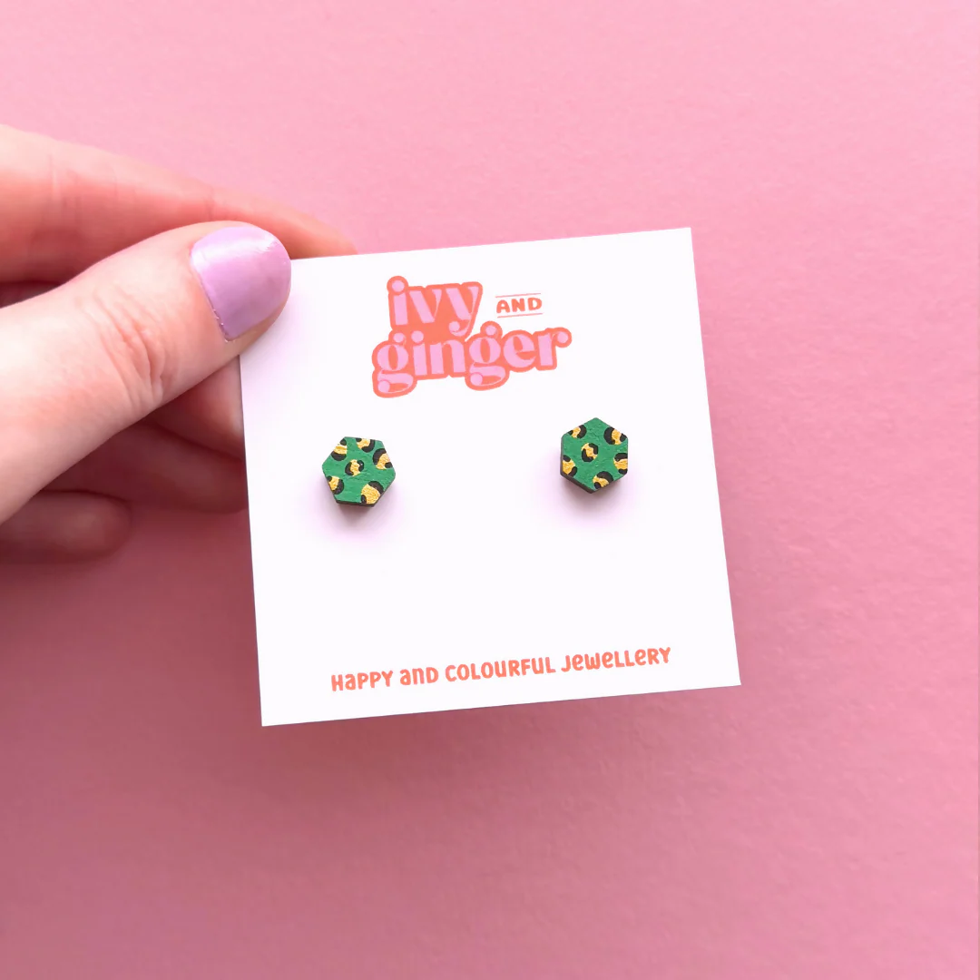 Hand Painted Mini Green and Gold Hexagon Leopard Print Stud Earrings - Image 3