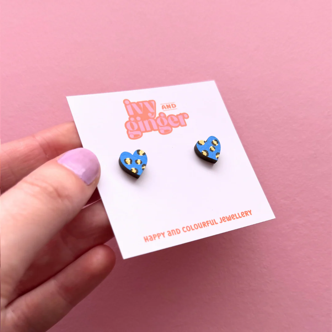 Hand Painted Mini Leopard Print Blue And Gold Heart Stud Earrings - Image 2