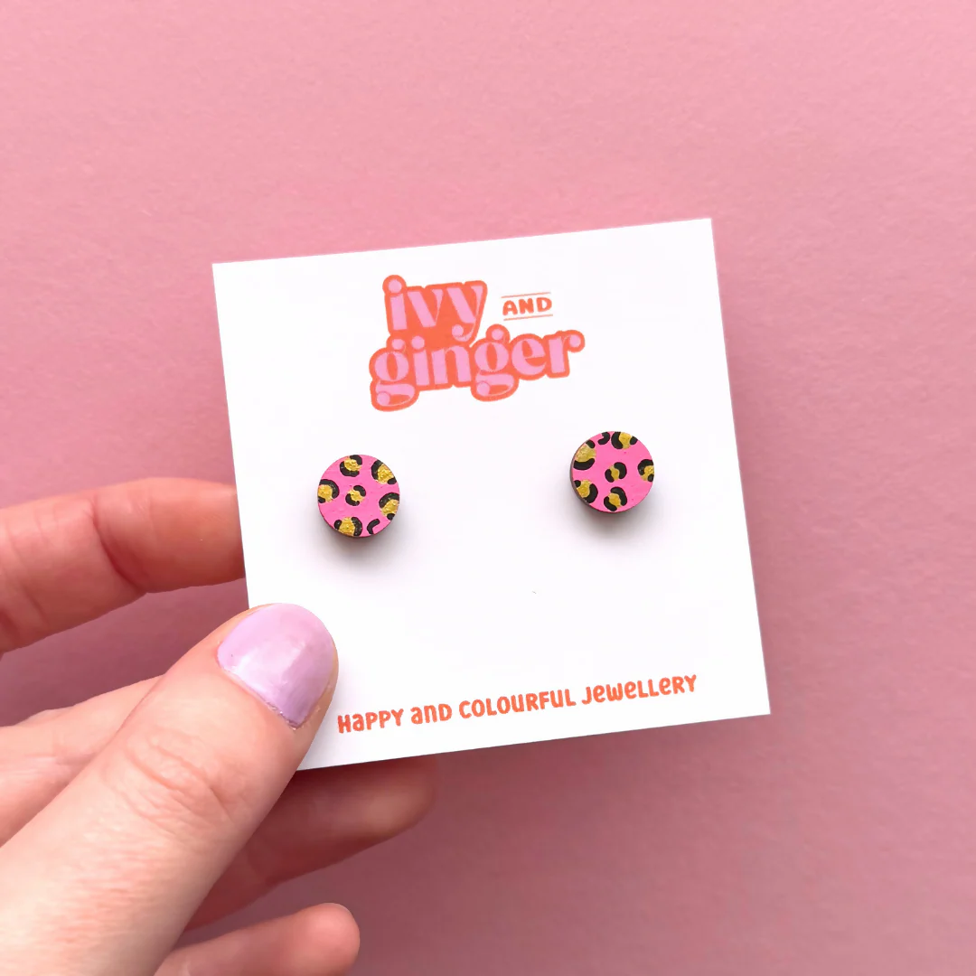 Mini Leopard Print Circle Stud Earrings in Bright Pink and Gold
