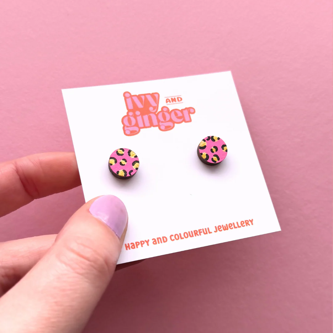 Mini Leopard Print Circle Stud Earrings in Bright Pink and Gold - Image 2
