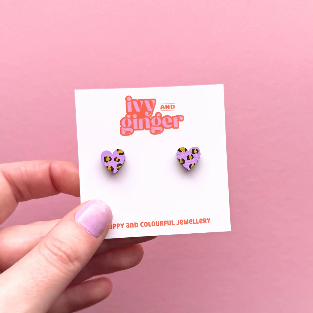Hand Painted Mini Leopard Print Heart Lilac and Gold Stud Earrings