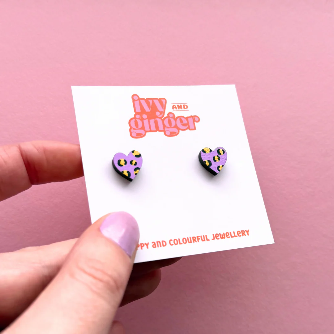 Hand Painted Mini Leopard Print Heart Lilac and Gold Stud Earrings - Image 2