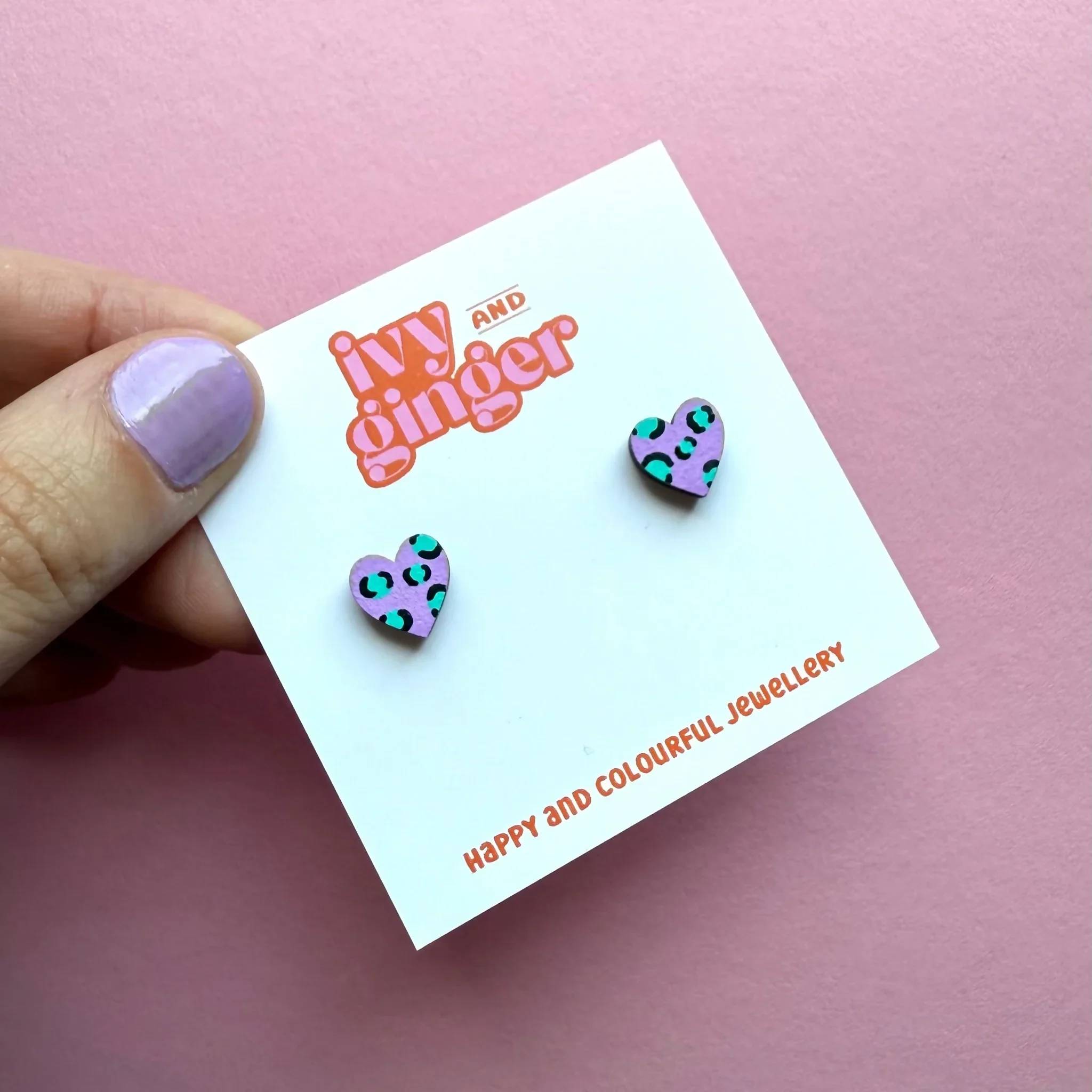 Mini Leopard Print Heart Stud Earrings In Lilac And Teal - Image 2