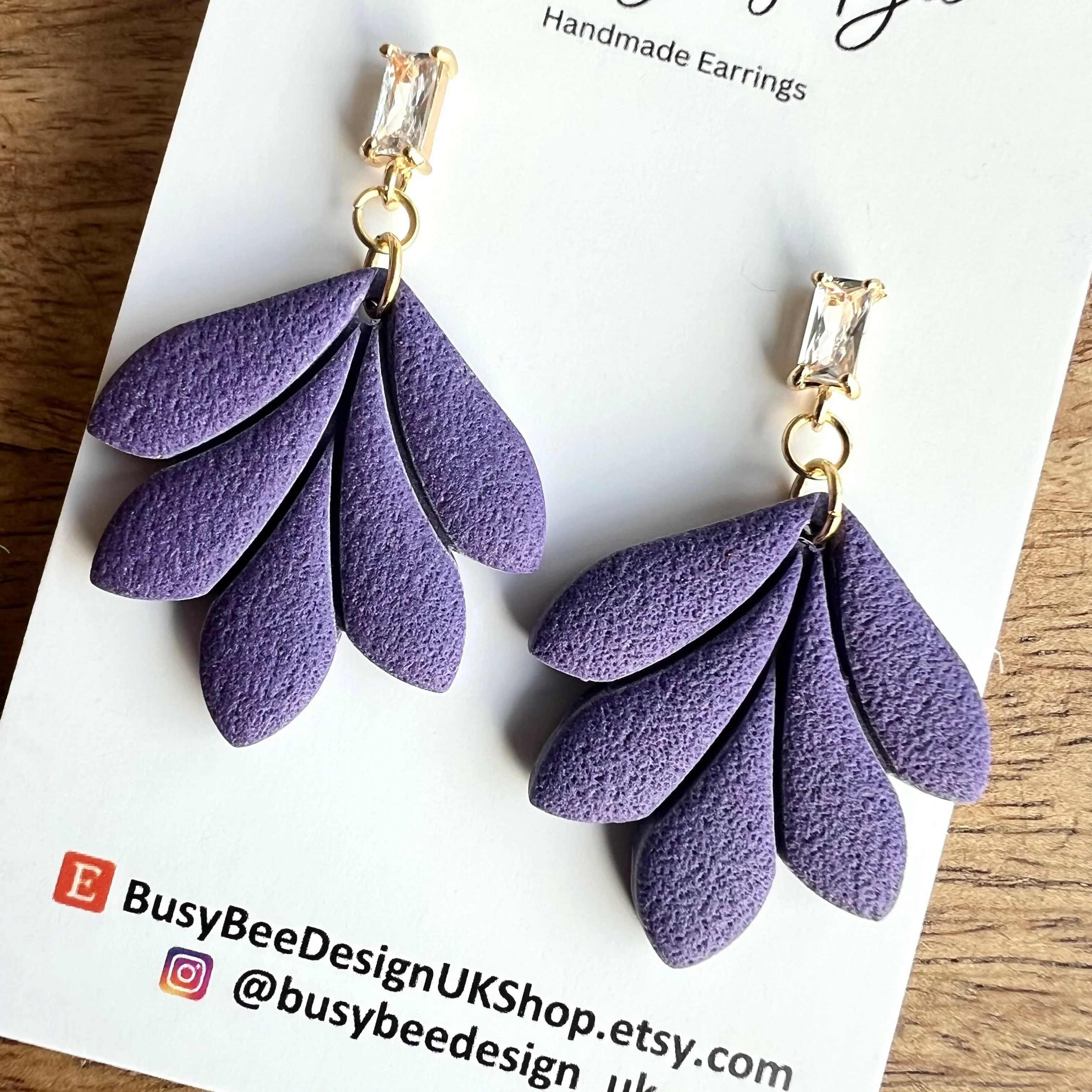 Minimal Leaf Earrings with Clear Glass Cubic Zirconia Studs/ Art Deco Polymer Clay Earrings / Handmade Clay Jewellery - Image 3