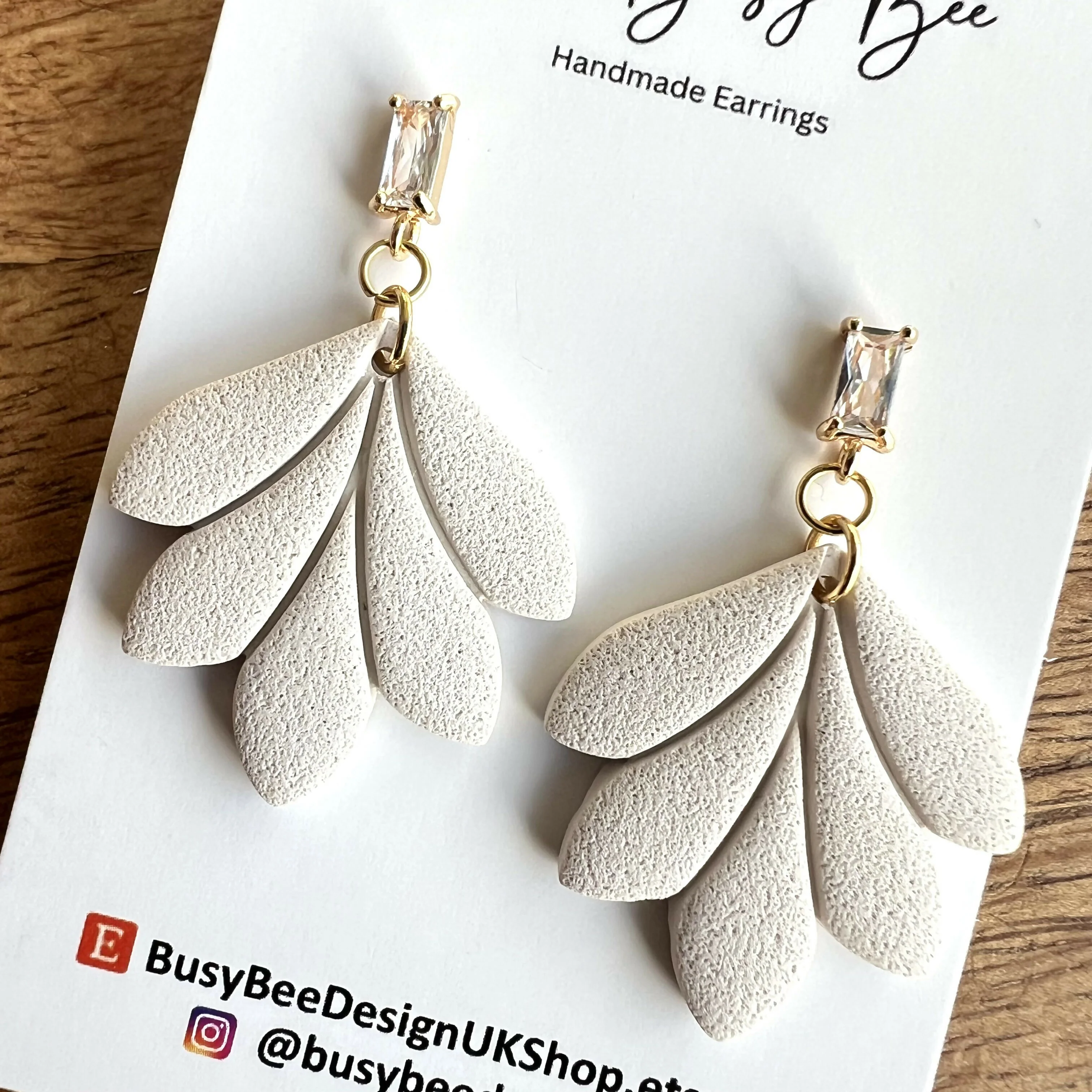 Minimal Leaf Earrings with Clear Glass Cubic Zirconia Studs/ Art Deco Polymer Clay Earrings / Handmade Clay Jewellery - Image 7