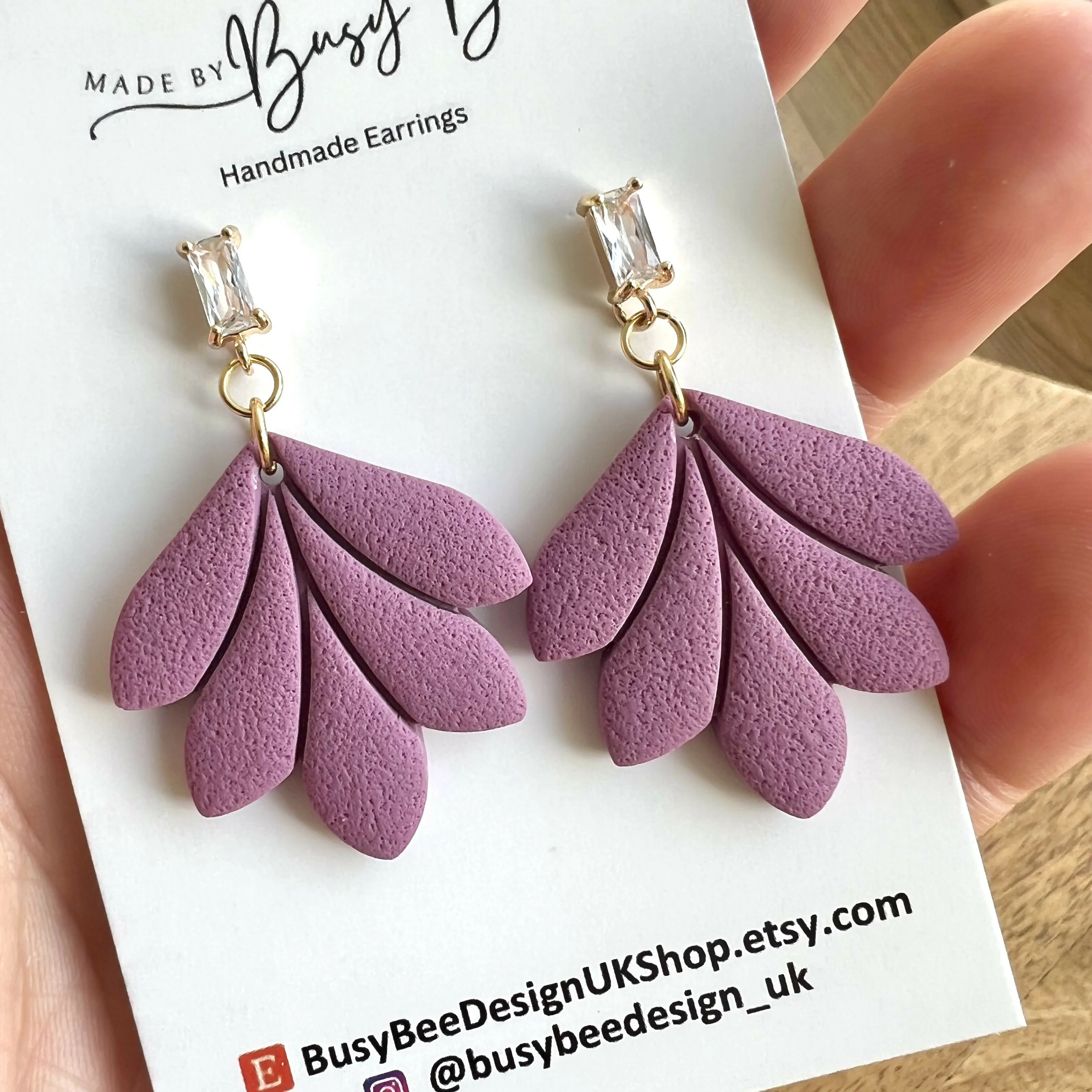 Minimal Leaf Earrings with Clear Glass Cubic Zirconia Studs/ Art Deco Polymer Clay Earrings / Handmade Clay Jewellery - Image 9