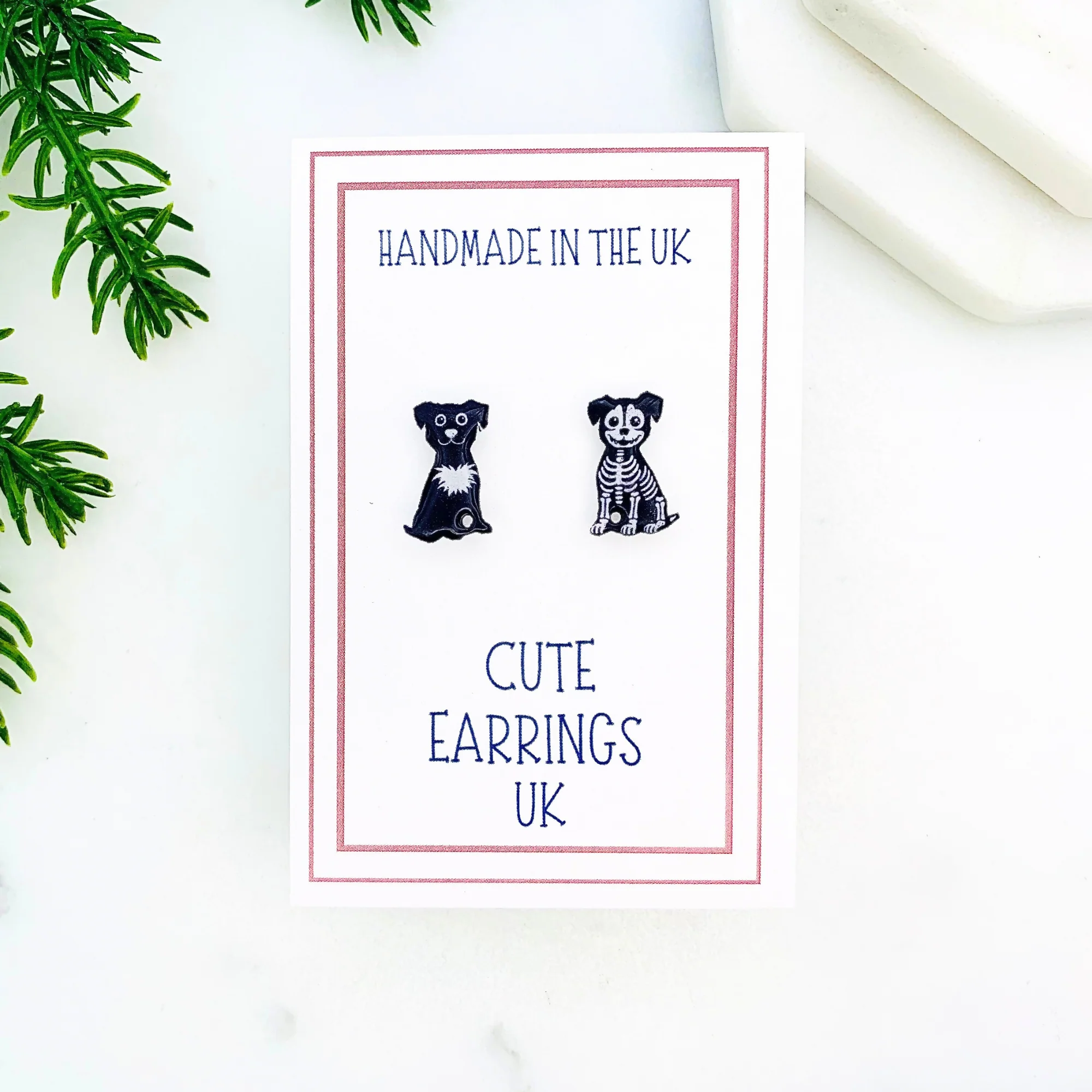 Mismatched Black Dog & Skeleton Dog Stud Earrings