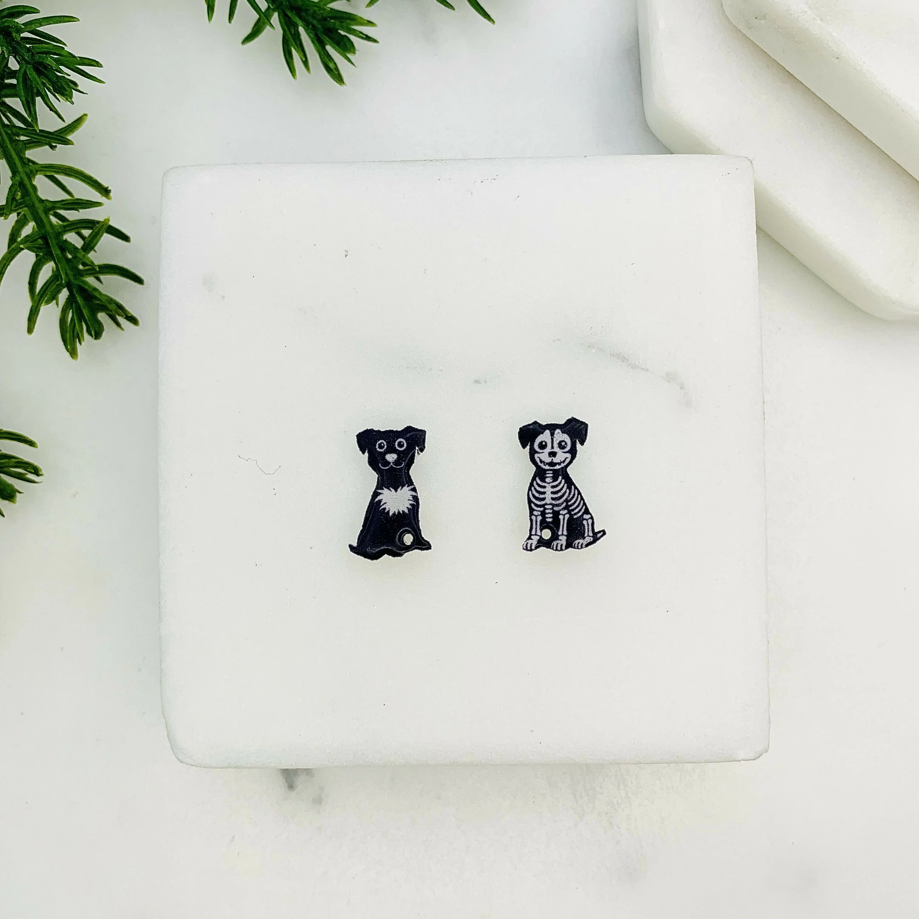 Mismatched Black Dog & Skeleton Dog Stud Earrings - Image 2