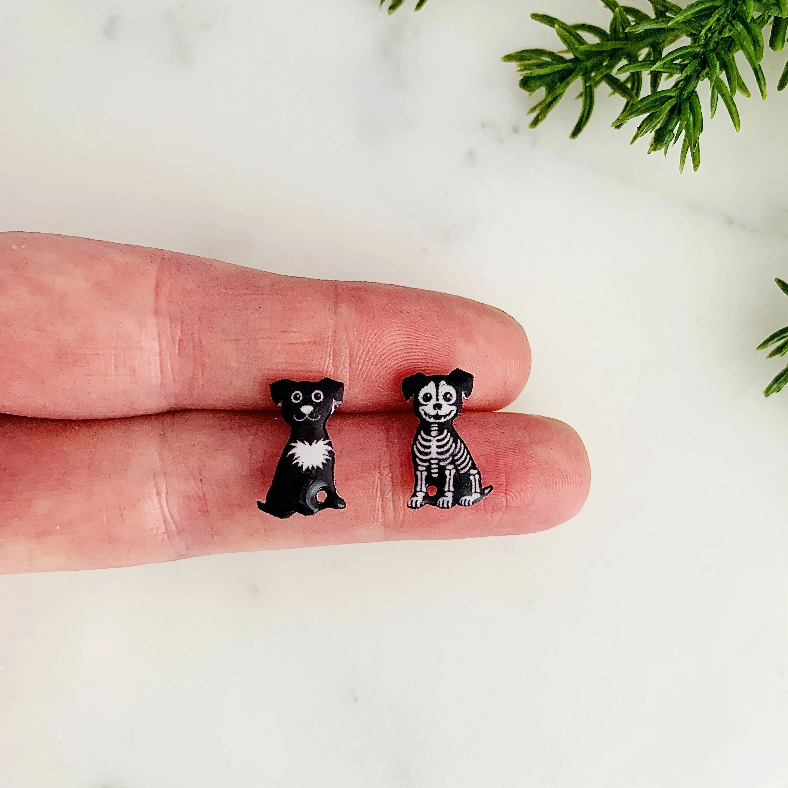 Mismatched Black Dog & Skeleton Dog Stud Earrings - Image 6