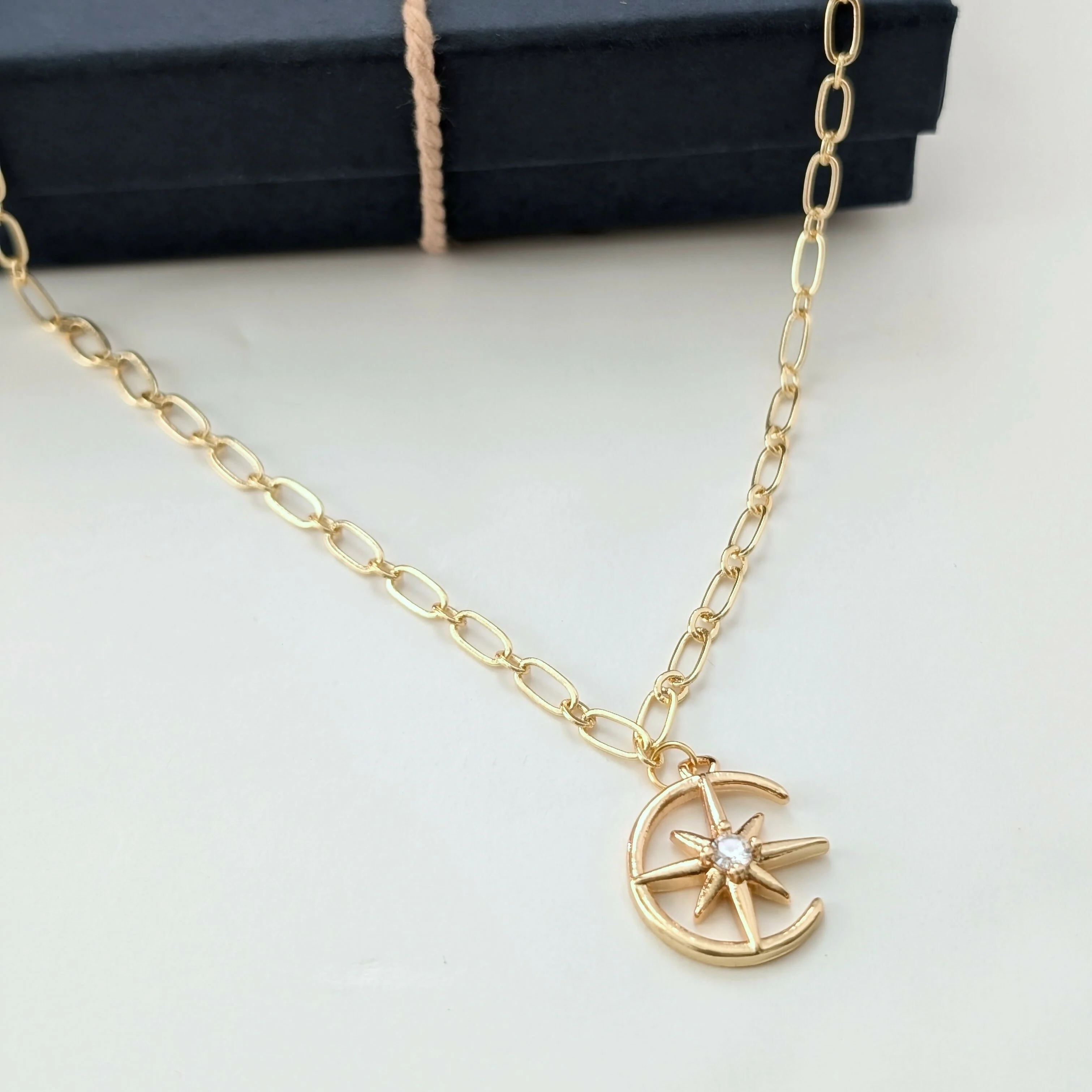 Moon and Star Necklace with Cubic Zirconia Stones on Gold Plated Oval Chain - Image 4