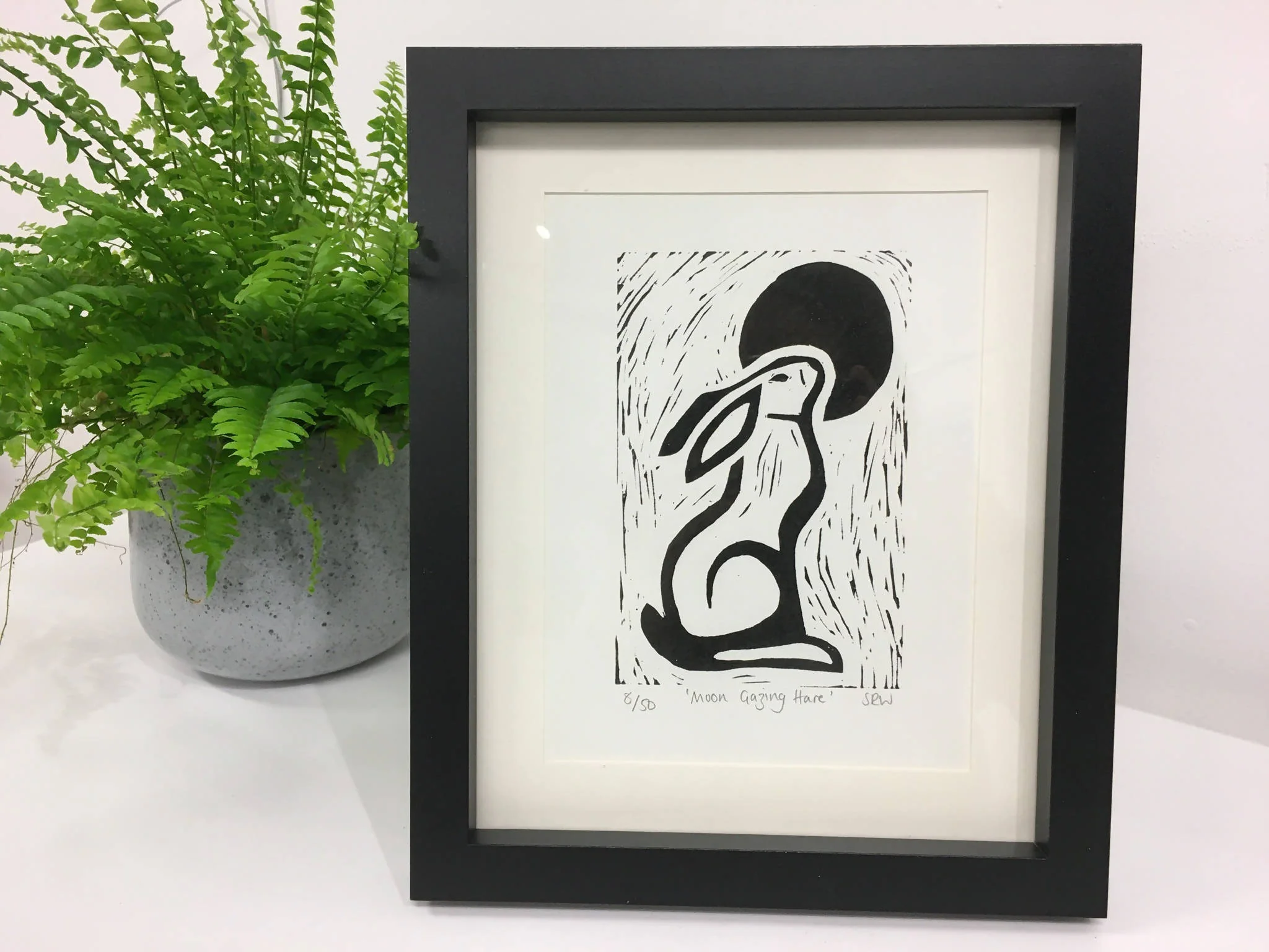 Moon Gazing Hare Framed Lino Cut Print - Image 2