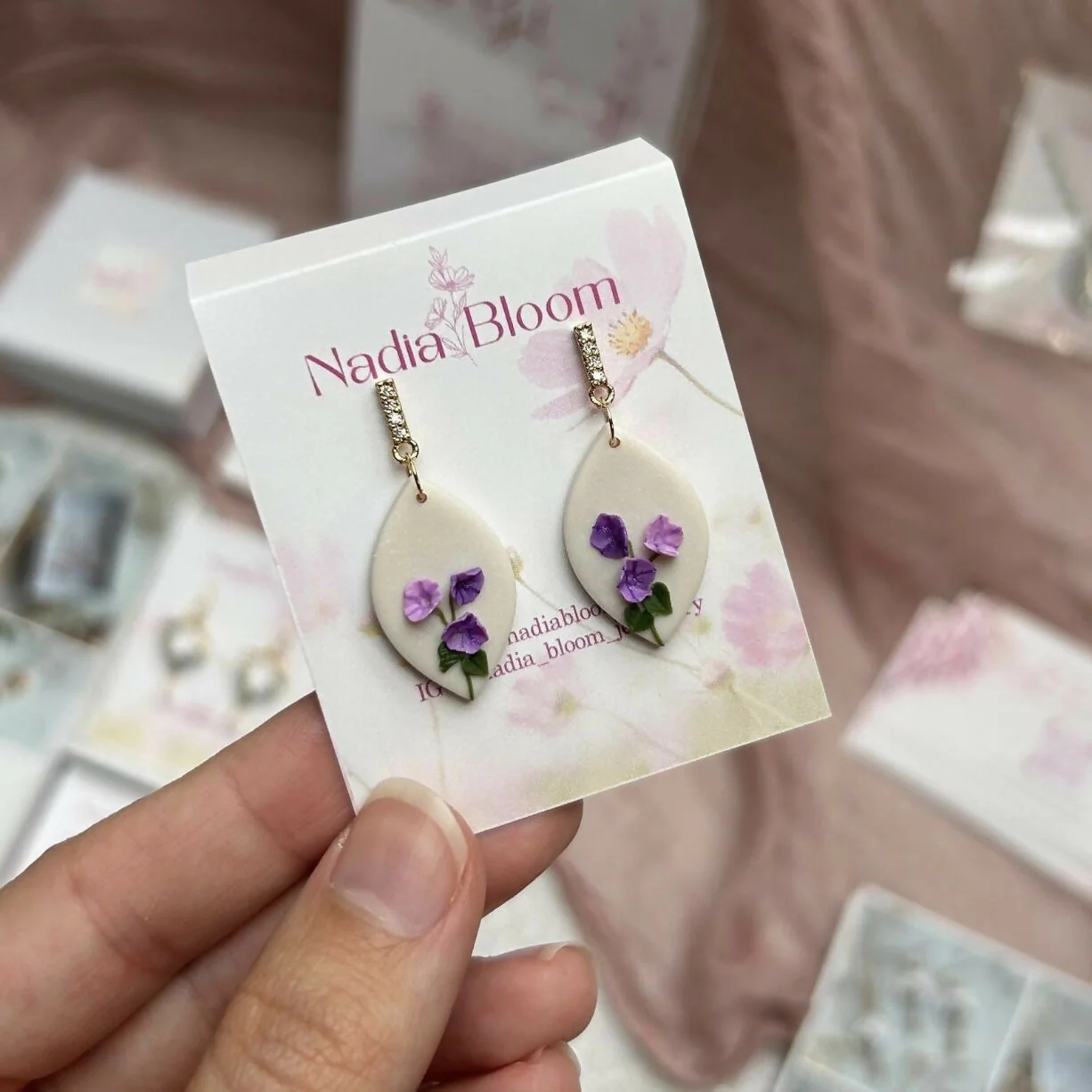 Morning Glory Purple Flower - Polymer Clay Earrings - Image 4