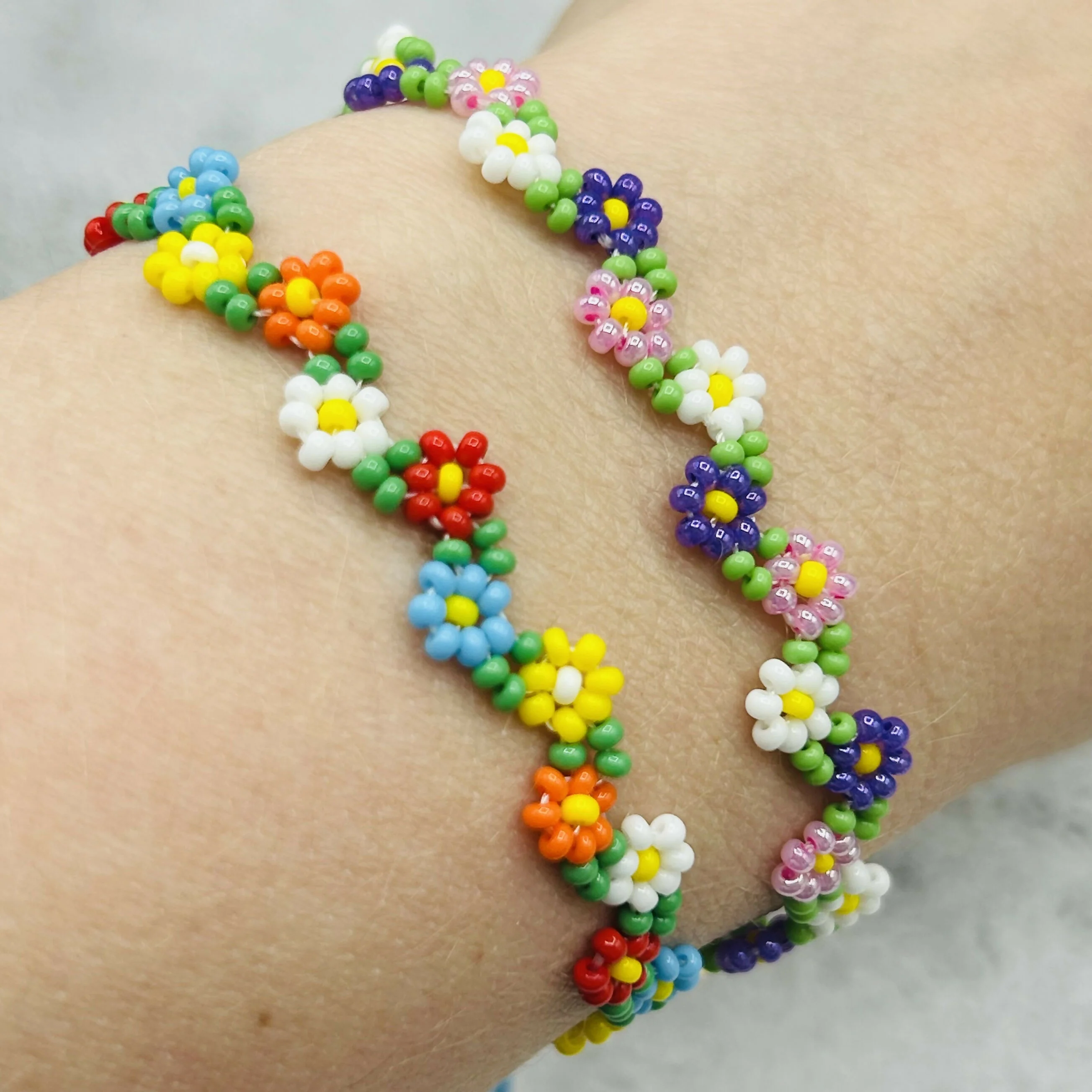 Multicolour Flower Beaded Bracelets – Handmade Vibrant Tri-Colour Designs - Image 2